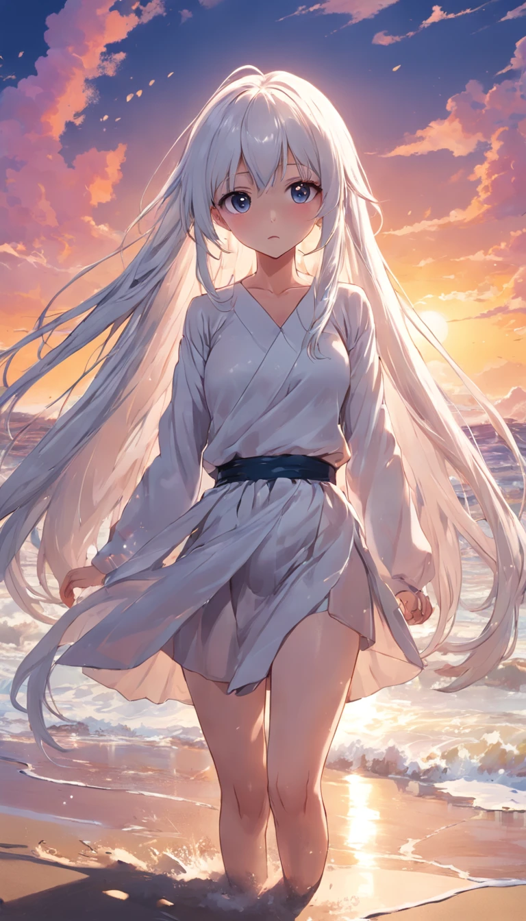 beach,Look up,Long white hair,full bodyesbian, Electrical properties,long skirt