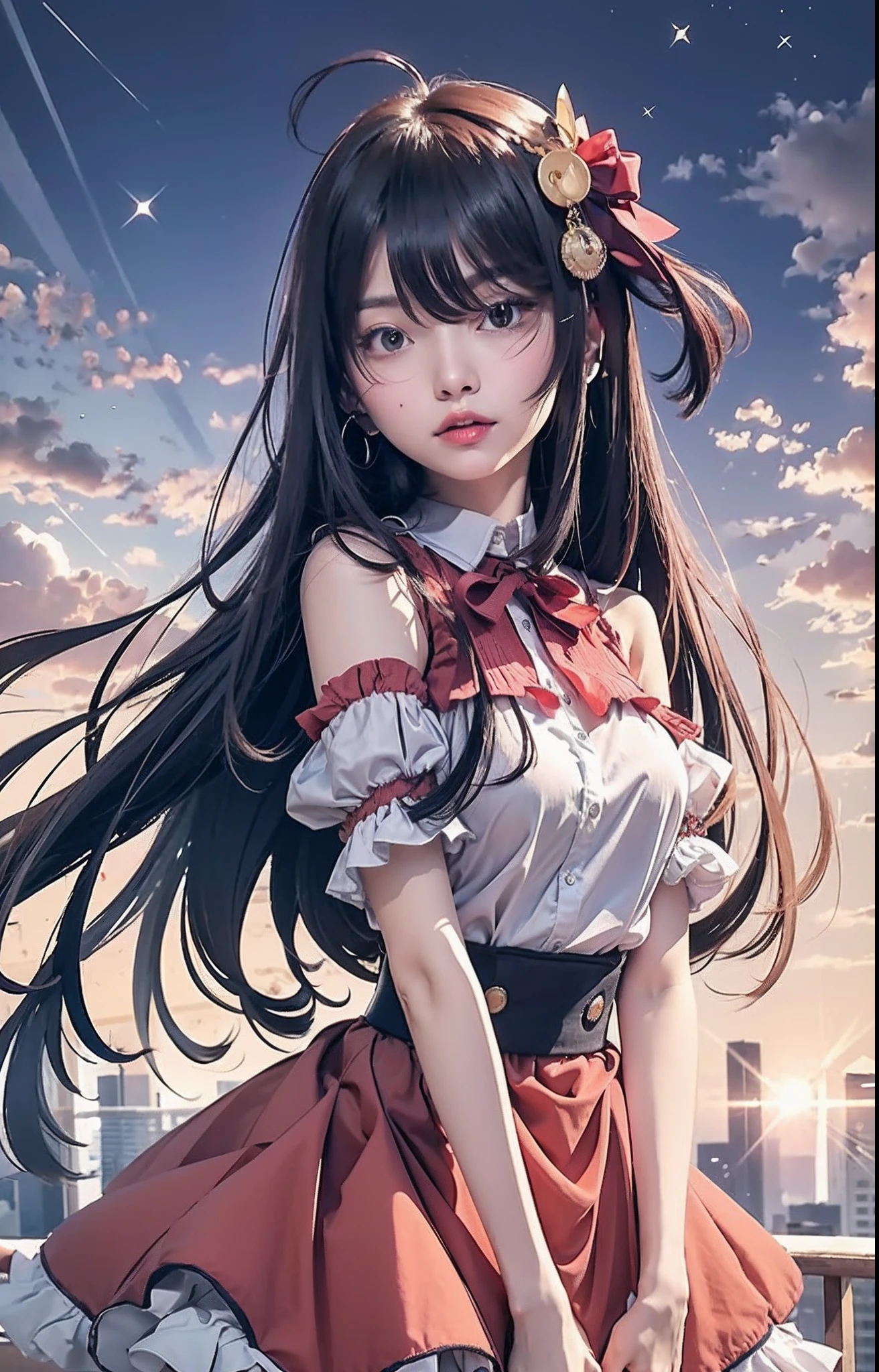 on a hill,Pretty girl,Evening glow,Pink long skirt、White blouse,Skirt is wind、Watching the sunset,face lights