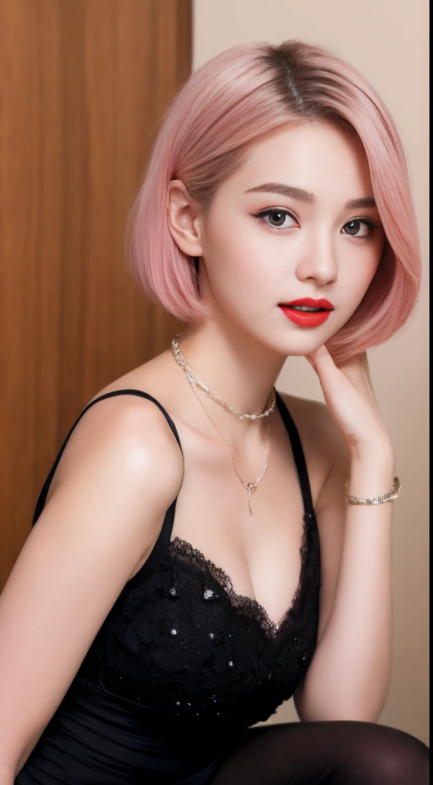 Background (Street),Cute girl short pink hair, clothes black black black black shirt, black black 🖤 panties,all her hair short pink , with a star clip in her pink hair, light colored eyes, pretty eyes, crying eyes, pretty, upturned nose, watery nose, Pretty lips, pink lips, heart and cupid shaped lip, pretty skin, pale, White skin, with moles and freckles all over his face, soft pink blush on the cheeks, natural pink blush, soft pink makeup, Jennie, nice neck, marked collar, frown, tender look, with a kiss necklace, while having a bare abdomen, Delgado, marked and pretty, (big breasts, soft breasts, nice breasts), , night look, city light, photorealism, 8k , photorealistic