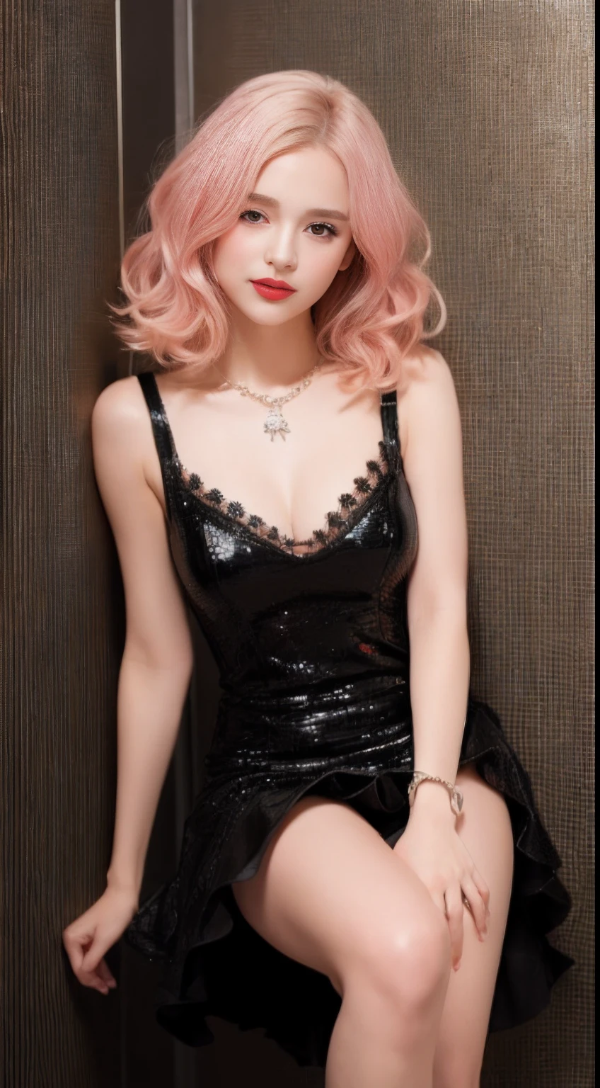 ((An ultra-high picture quality、top-quality、8k picture、​masterpiece:1.3))、Crisp focus:1.2、Beautiful woman with perfect body shape:1.4、The most beautiful face、Super Slender、abdominals:1.2、((pinkhair、short-cut、Beautiful and big breasts:1.2、tchibi、)Best pink hair、)、Perfect pink hair、Perfect short hair、a wet body:1.5、Very delicate skin texture、A detailed eye、二重まぶた、German、15yo student、German beauty at 15 years old、Perfect five-finger、Delicate and perfect hands、perfect arms、perfect leg、perfect foot、night city background、Inside a luxury cabaret、perfect  eyes、Perfect makeup、red-lips、A slight smil、open the legs widely、Delicate hair、skinny  body、Ganimata leg opening、Hands behind the body、bich、high quality make up、Gorgeous and elegant hair、Bewitching face、Best Makeup、The cutest beauty in the world、Best Hair Styling、Stylish hair and makeup、The cutest in the world、(Gorgeous and elegant finest black dresses、)Finest pink dresses、Wear hair ornaments、Simple piercing、Glamorous atmosphere、Wear high-heeled shoes、Wear a luxurious necklace、Short stature、tchibi、Infant face、Wearing the most glittering luxury bracelet、Wearing a diamond anklet、Gentle face、Perfect young face、Innocence、Overall dark、Full Lolita Face、a baby face、Sexy Cabaret Cast、Sexy face、Sexy little girl、Chic and classy dresses、Everything is very beautiful、Lace luxury panties look perfect、Finest Long Dresses、Interior background of the cabaret、Luxury Pearl Necklace、Thin thin eyebrows、Young German 15 years old、