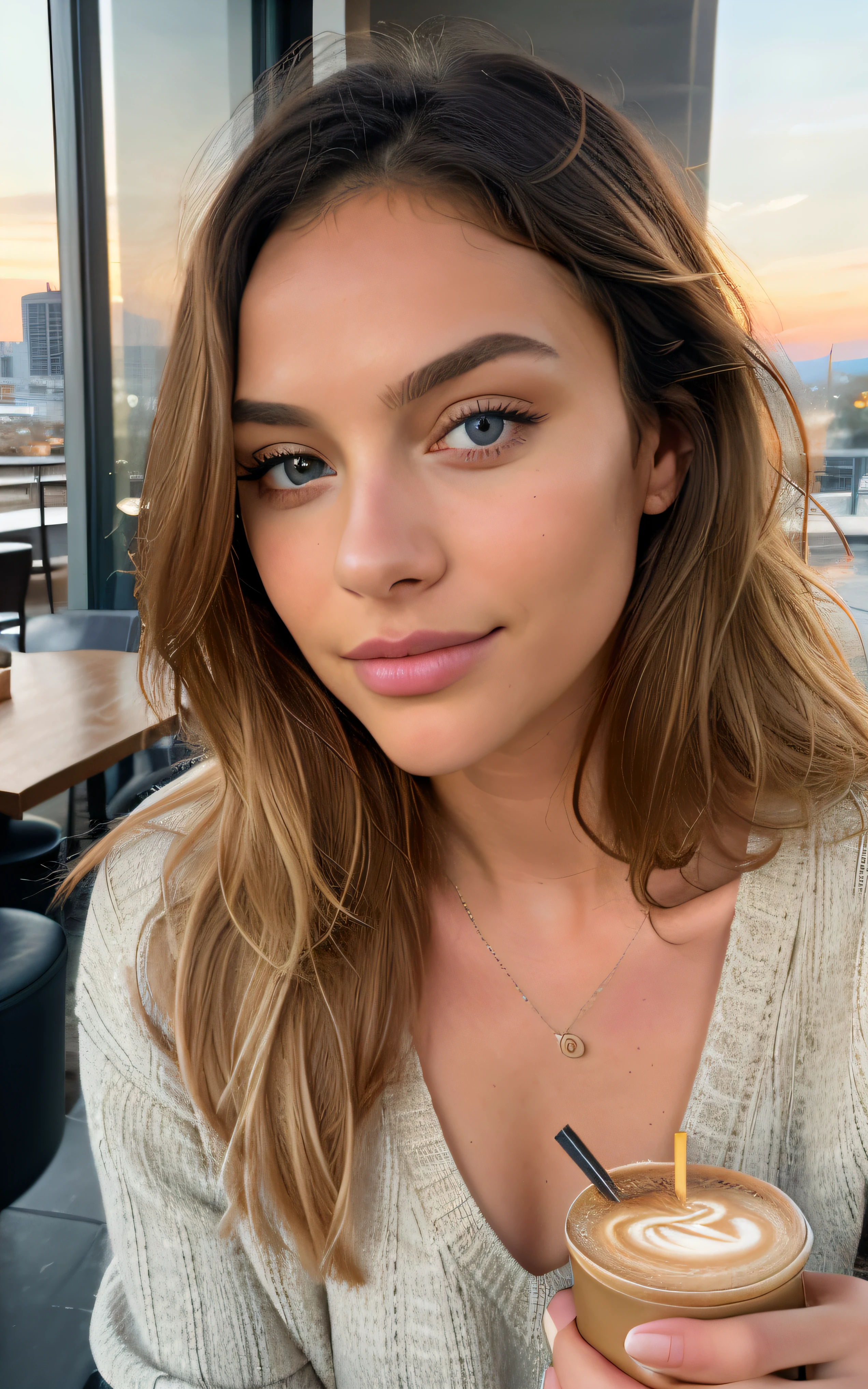 belle blonde portant un pull rose (sipping coffee in a modern cafe at sunset), Very detailed, 21 ans, visage innocent, natural wavy hair, yeux bleus, High resolution, chef-d'artwork, best quality, intricate details, Very detailed, sharpness, detailed skin, Realistic skin texture, texture, Detailed eyes, professionnel, 4k, sourire charmant, shot with Canon, 85mm, faible profondeur de champ, Couleur de vision Kodak, corps parfaitement ajusté, extremely detailed, Photo_\(ultra\), photoRealistic, Realistic, Post-traitement, Maximum details, roughness, vrai vie, ultra Realistic, photorealism, la photographie, 8k euh, la photographie