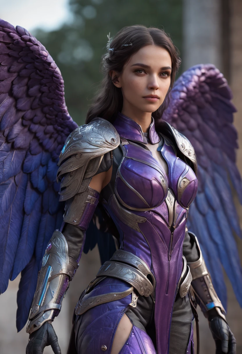 a photo of 8k ultra realistic archangel with 6 wings, full body, intricate purple and blue neon armor, ornate, cinematic lighting, trending on artstation, 4k, hyperrealistic, focused, high details, unreal engine 5, cinematic --ar 9:16 --s 1250 --q 2