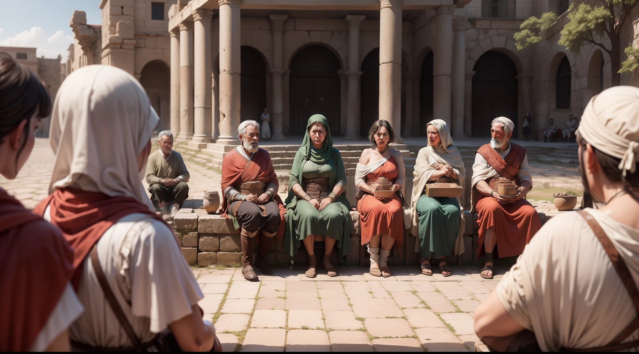 stylized image of an ancient Roman square with people of various ages listening to the words of an old sage