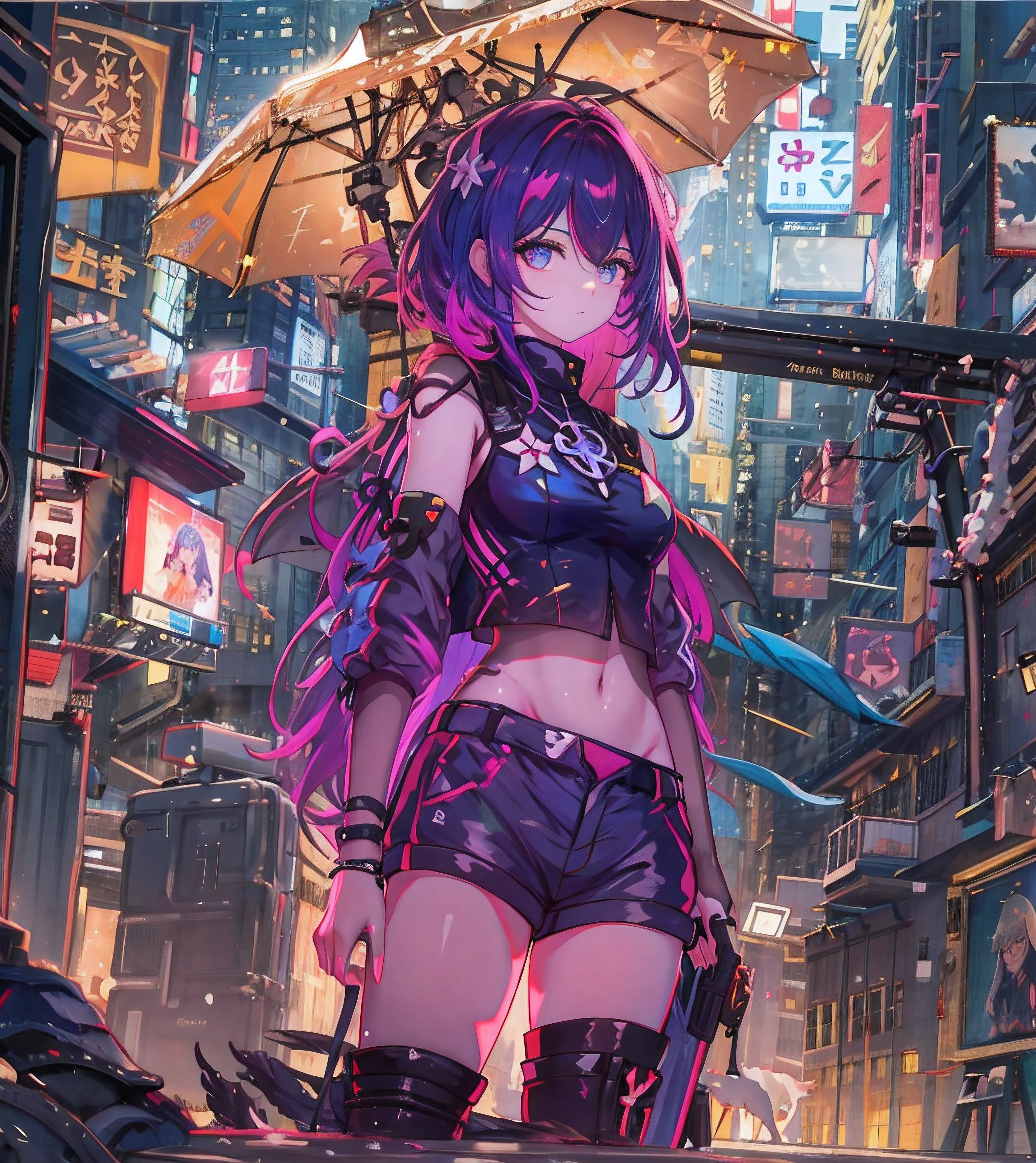 an anime, of a sensual girl with purple hair, blue eyes, dressed as a cyberpunk mercenary, urban style, she wields a sword in one hand and a pistol in the other, in the background a futuristic city dazzles with its neon lights.