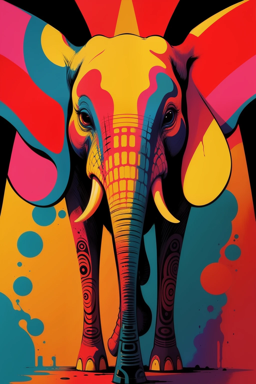 "Oil Painting, abstract, flat style, ink, vibrant TingaTinga style featuring an elephant with bold colors and high contrast."