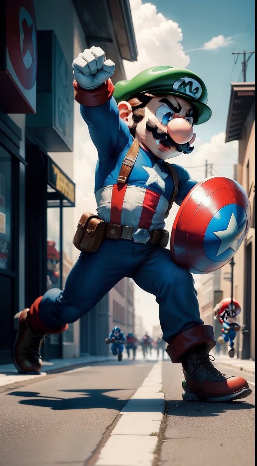 nintendo's captain america mario is running in the street with his arms up, captain americasuper mario portrait, portrait of captain america super mario, fan artwork of captain america mario, inspired by Mario Dubsky, portrait of captain america mario, nintendo game art, inspired by Mario Comensoli, mario, inspired by Mario Bardi, mario dabbing, inspired by Luigi Kasimir, captain america super mario, mushroom kingdom, official art