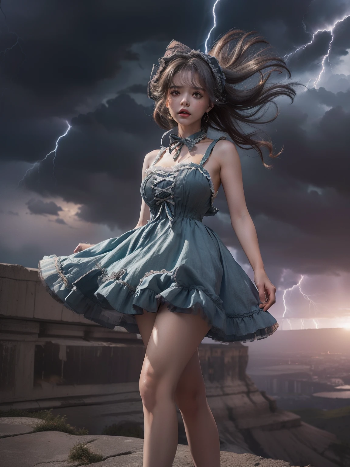 masutepiece, 8K,((Focus on the thighs)),High resolution whole body, surrealism, Cinematic lighting, god light,Layered processing (HD layers, People layer, Background image layer),f/4.0, kanon,(The face is super clear),hugefilesize,Shiny skin,Detailed skin,Detailed face, Detailed eyes, Goddess of the Storm,(Lolita dress miniskirt:1.5), At the top of a huge canyon, The wind was blowing violently, Hair similar to the color of wind and lightning, nakeness, Bare chest, No top, Show off , Storm vortex pendant, Lightning earrings, Dark clouds loom like a storm, A thunderous scene,Sky thunder and lightning scattered together,
