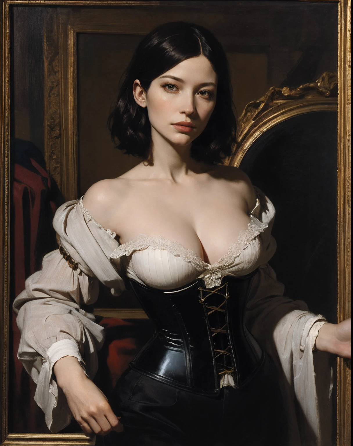 Renaissance-style painting, a captivating woman with an hourglass figure, (chyler leigh:1.3), shoert hair, bob haircut, adorned with subtle makeup, wearing a corset, cleavage, thight pants, The use of oil paints should evoke the essence of Caravaggio's chiaroscuro technique, coupled with Dali's surrealism. Rich, warm colors, fine brushwork, and an enigmatic, dreamy atmosphere