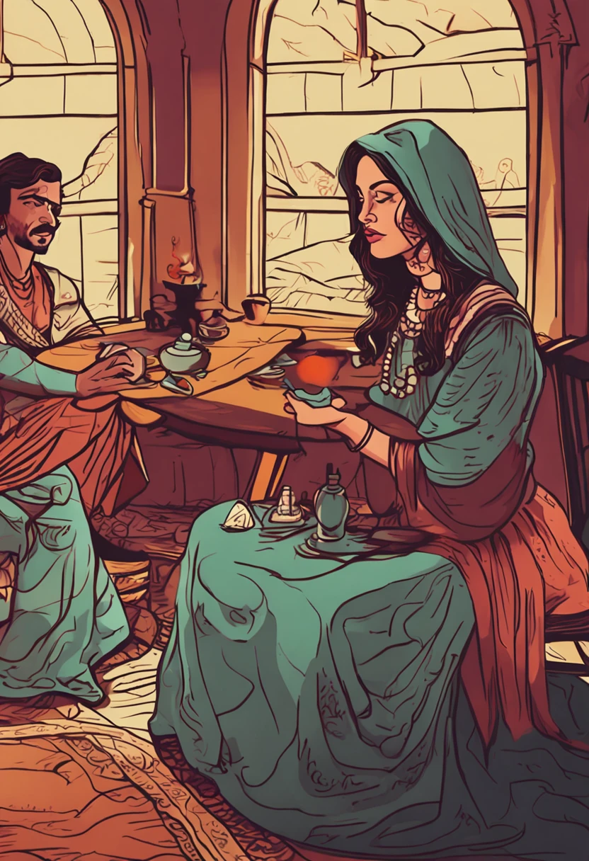 Mysterious interior　infp young woman　Male authoritative fortune teller　Sitting across from each other at the table　Live Action