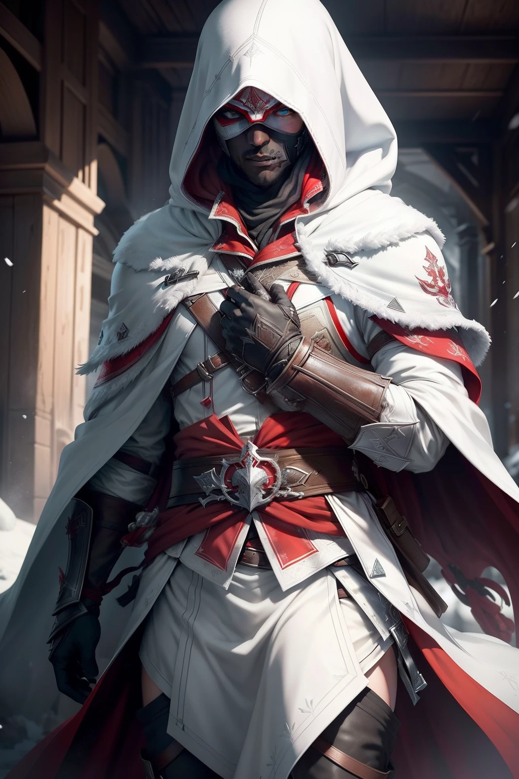 (High detail CG,The ultra-realistice,detail-rich),assassins creed,snowy day,White cloak,Full face mask,Expose your eyes,Red and blue eyes,hidden blade,Black and red magic elements are all around