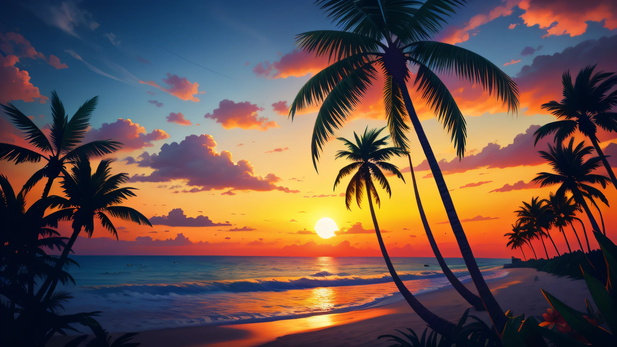 Masterpiece, best quality, sunny beach, undulating palm trees and vibrant tropical landscapes, photorealistic, photography, sunny, twilight, tropical jungle, highres, flower, cinematic lighting