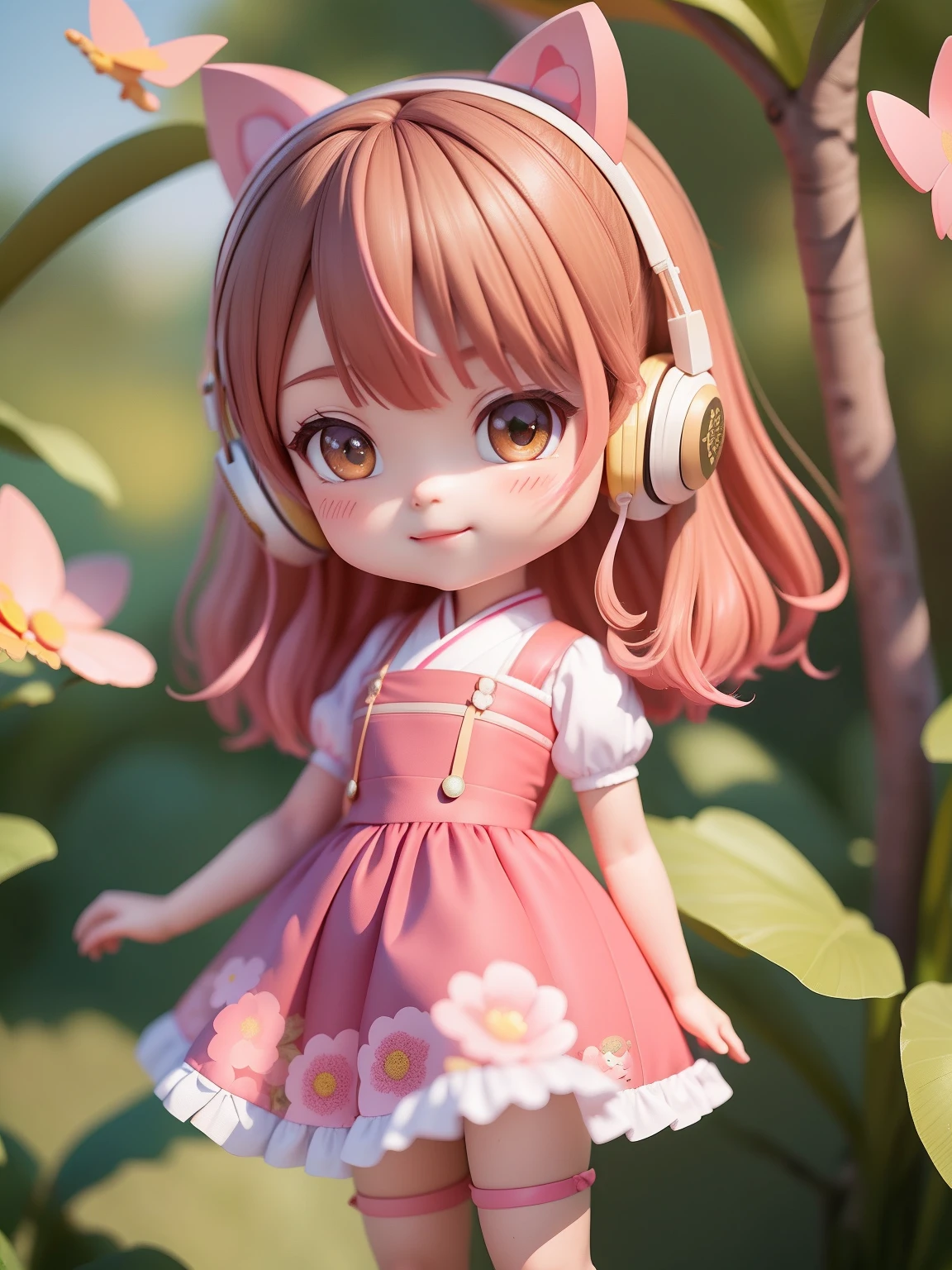 (Daisaku),(Need),(Super meticulous),(full bodyesbian:1.0),1girl,tchibi,adolable,ssmile,Open-mouthed,florals,butterflys,exteriors,Take the wine glass,Blushlush,The tree,:3,a skirt,short detailed hair,SakuraNS,litchi,vivaciousness,A brown-haired,Blush stickers,short- sleeved,By bangs,Earphone,Pink hair,(beautiful detailed face),(美丽细致的眼睛),