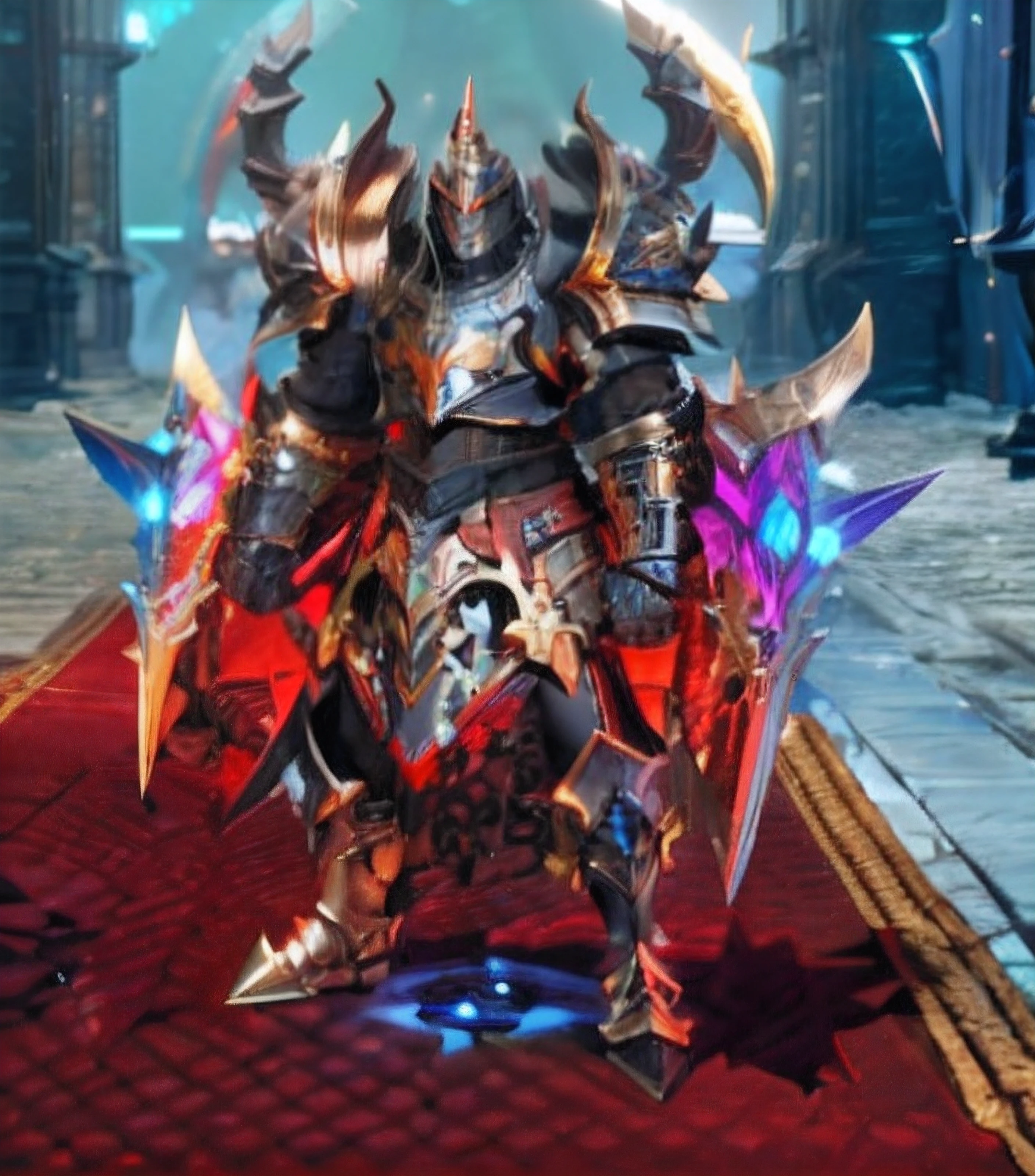 a close up of a person with two sharp knuckle gloves, black fire color reflected armor, ornate supreme demon overlord, corrupted armor, draconic looking armor, demon armor, epic paladin armor, intricate legendary armor, heavy gold obsidian armor, ornate armor, sliver ice color reflected armor, plated armor intricate, king of time reaper