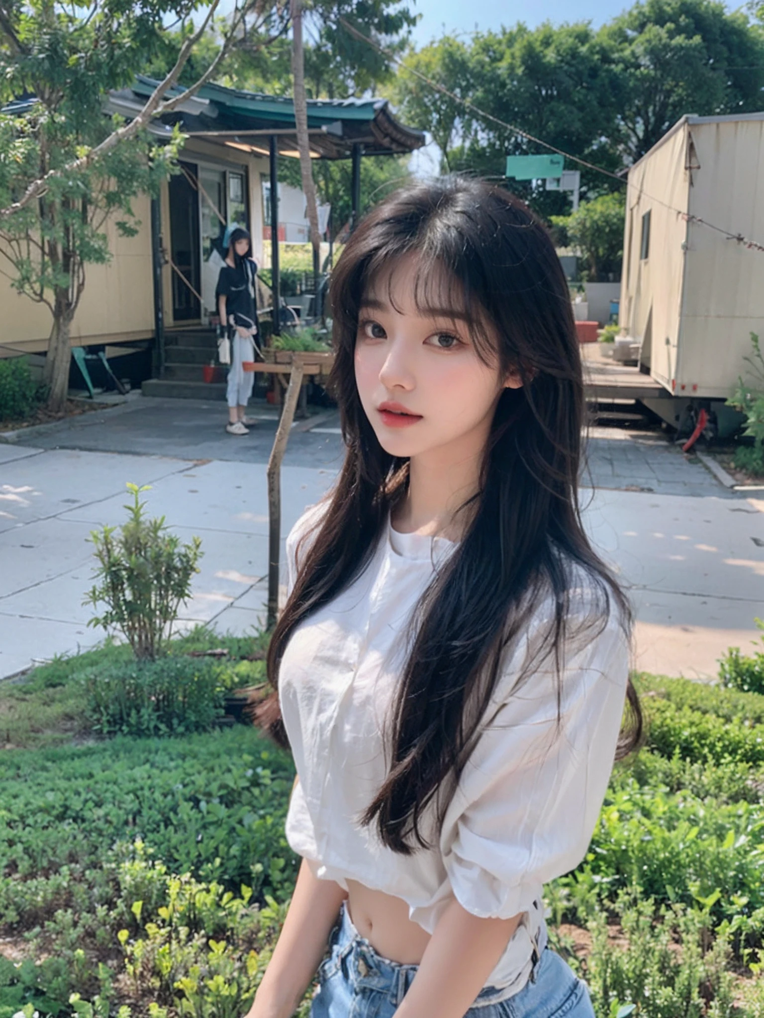 a close up of a woman with a white shirt and jeans, She has black hair,By bangs, Shin Jinying, ulzzangs, sun yunjoo, jaeyeon nam, Korean girl, sakimichan, With bangs, beautiful Korean women, long whitr hair,Thick bangs, lalisa manobal, bae suzy, Korean Idol, Long hair with bangs