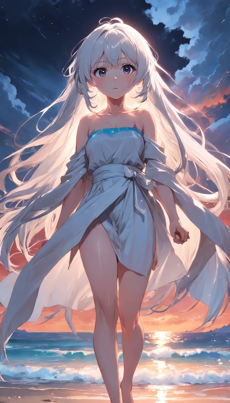 beach，Look up，Long white hair，full bodyesbian, Electrical properties，long  skirt，Staff，