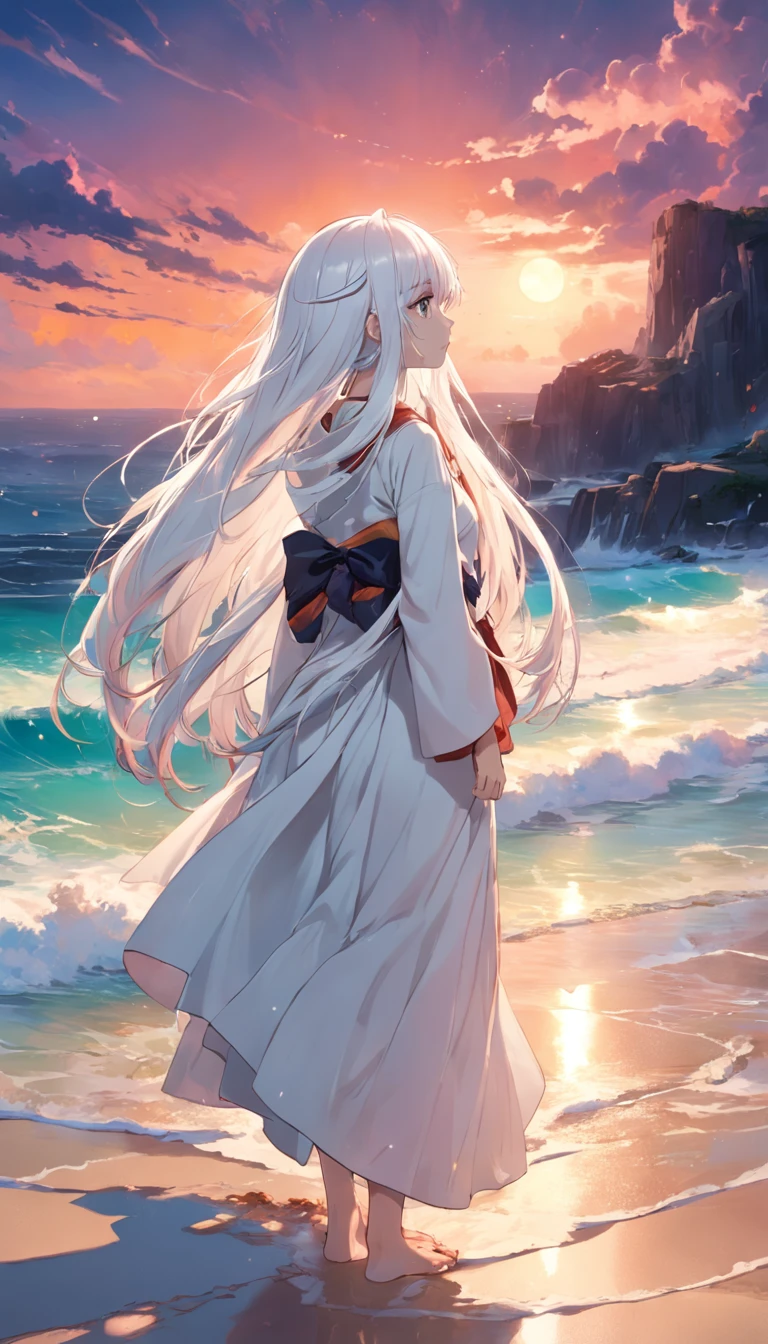 beach,Look up,Long white hair,full bodyesbian, Electrical properties,long skirt,Staff,