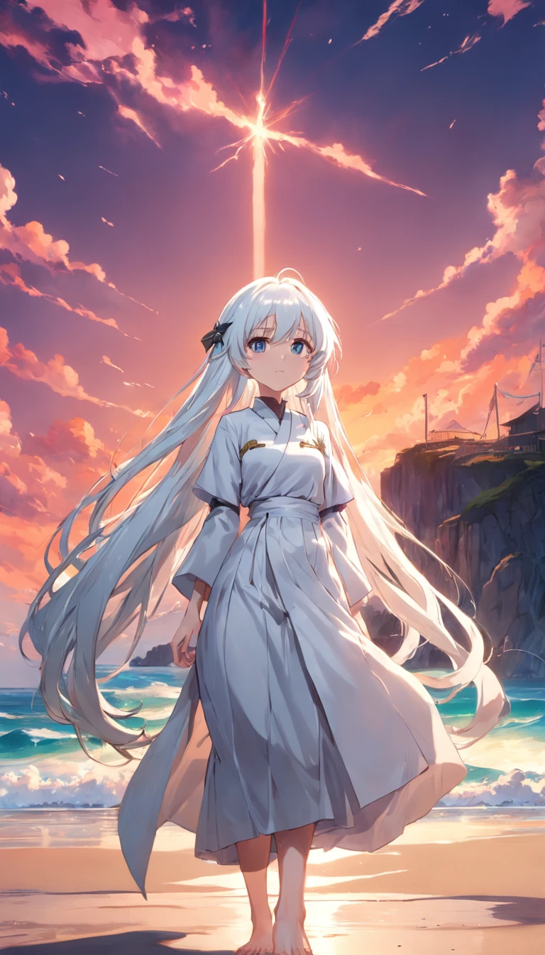 beach,Look up,Long white hair,full bodyesbian, Electrical properties,long skirt,Staff,