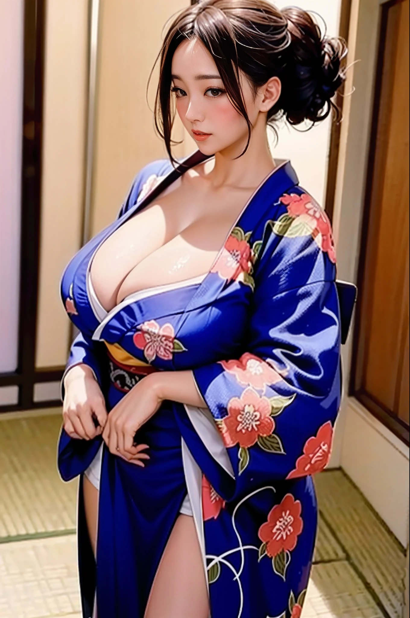 A big-breasted beauty in a kimono with huge sagging breasts and is very sexy