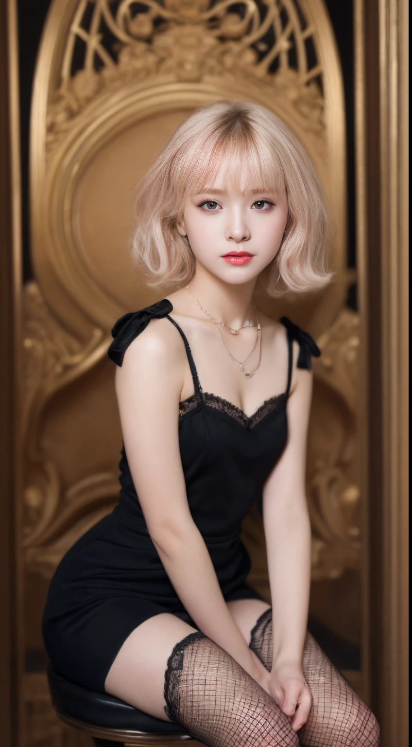 ((An ultra-high picture quality、top-quality、8k picture、masterpiece:1.3))、Crisp focus:1.2、Beautiful woman with perfect body shape:1.4、The most beautiful face、Super Slender、abdominals:1.2、((Pink Blonde Hair、short-cut、Beautiful and big breasts:1.2、tchibi、)Best Pink Blonde Hair、)、Perfect pink blonde hair、Perfect short hair、a wet body:1.5、Very delicate skin texture、A detailed eye、二重まぶた、German、15yo student、German beauty at 15 years old、Perfect five-finger、Delicate and perfect hands、perfect arms、perfect leg、perfect foot、night city background、Inside a luxury cabaret、perfect eyes、Perfect makeup、red-lips、A slight smil、open the legs widely、Delicate hair、skinny body、Ganimata leg opening、Hands behind the body、????、high quality make up、Gorgeous and elegant hair、Bewitching face、Best Makeup、The cutest beauty in the world、Best Hair Styling、Stylish hair and makeup、The cutest in the world、(Gorgeous and elegant finest black dresses、)Finest pink dresses、Wear hair ornaments、Simple piercing、Glamorous atmosphere、Wear high-heeled shoes、Wear a luxurious necklace、Short stature、tchibi、Infant face、Wearing the most glittering luxury bracelet、Wearing a diamond anklet、Gentle face、Perfect young face、Innocence、Overall dark、Full Lolita Face、a baby face、Sexy Cabaret Cast、Sexy face、Sexy little girl、Chic and classy dresses、Everything is very beautiful、Lace luxury panties look perfect、Finest Long Dresses、Interior background of the cabaret、Luxury Pearl Necklace、Thin thin eyebrows、Young German 15 years old、