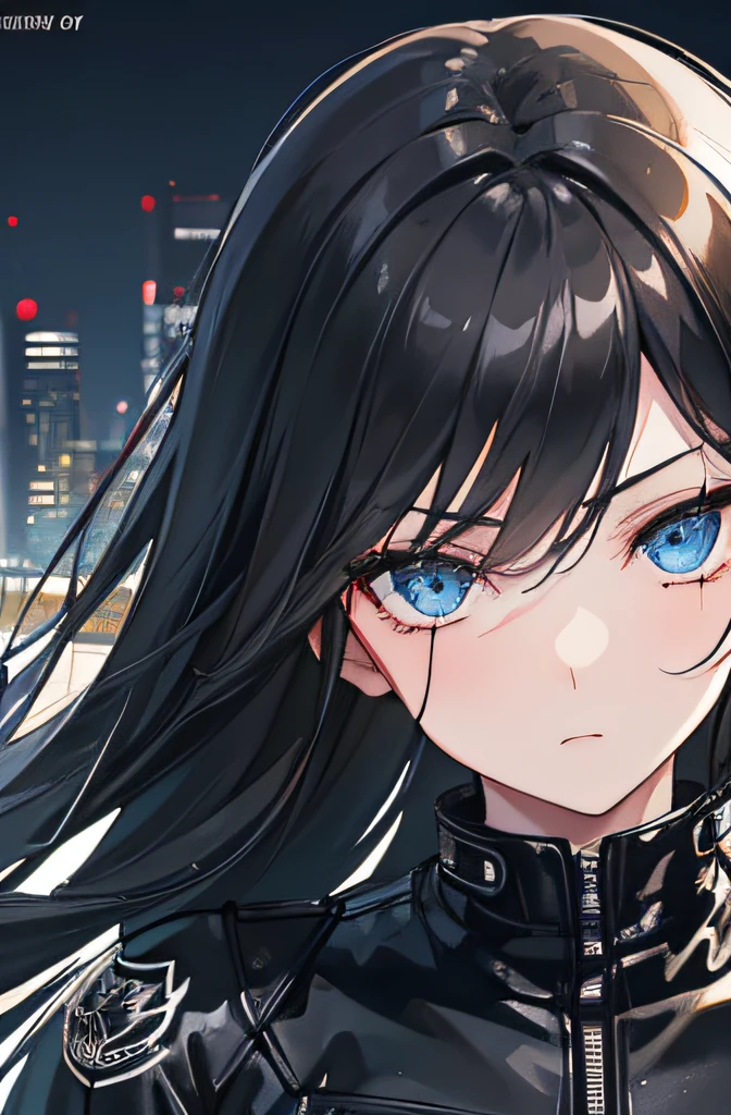 girl, black leather bike suit, beautiful, motorcycle, long black hair, (black eyeliner), city style, nighttime, motion blur, ((clear features, beautiful face, good anatomy, detailed face, detailed eyes, professionally made, cover art))