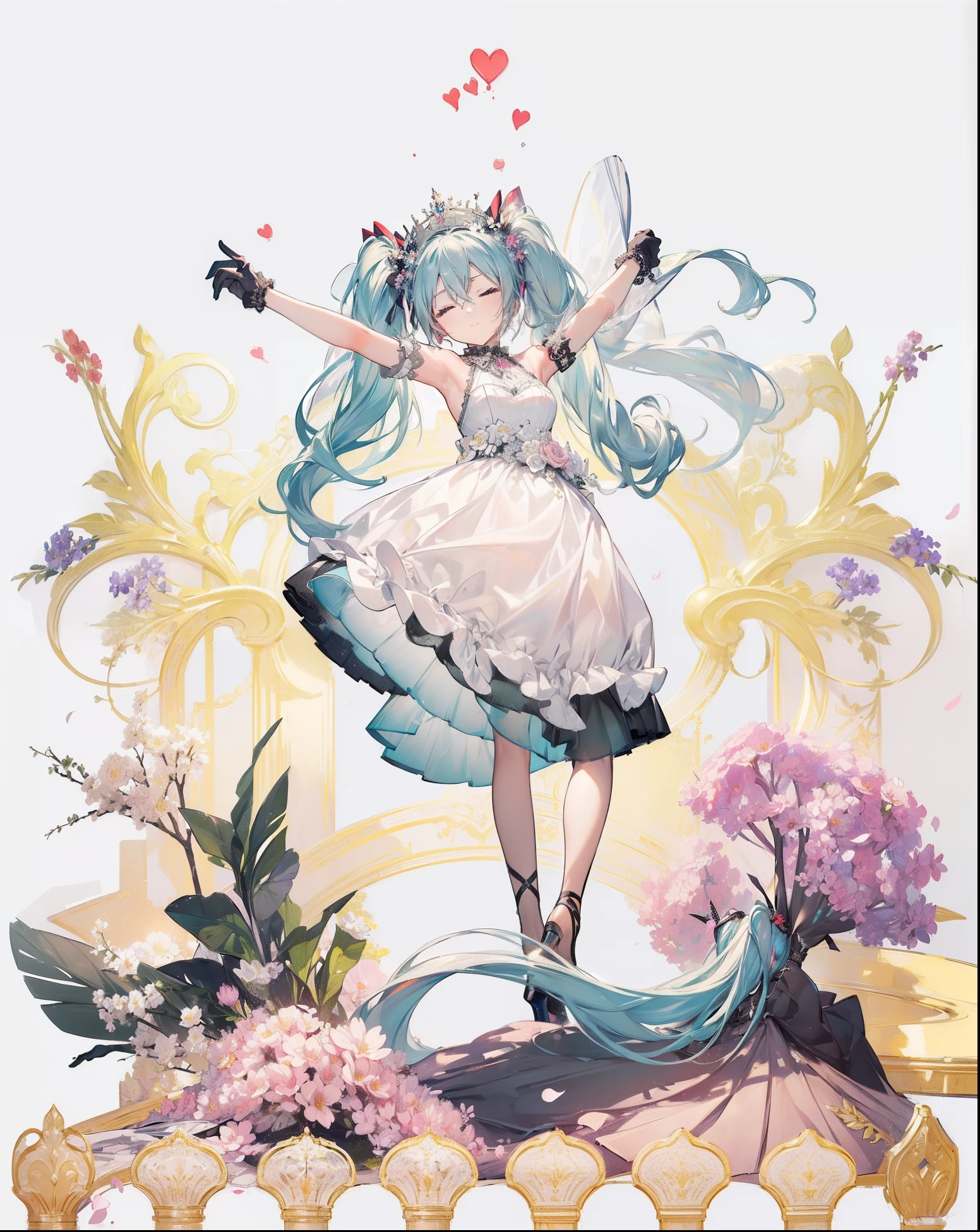 (masterpiece:1.5), (bestquality), highlydetailed, ultra-detailed, beautiful (grey background), (1girl), (black dress), (black gloves), (closed eyes), (dancing), (formal), (dress), (flower), (gloves), (hatsune miku), (heart), (jewelry), (long hair), (sketch), (suit), (twintails), (very long hair)