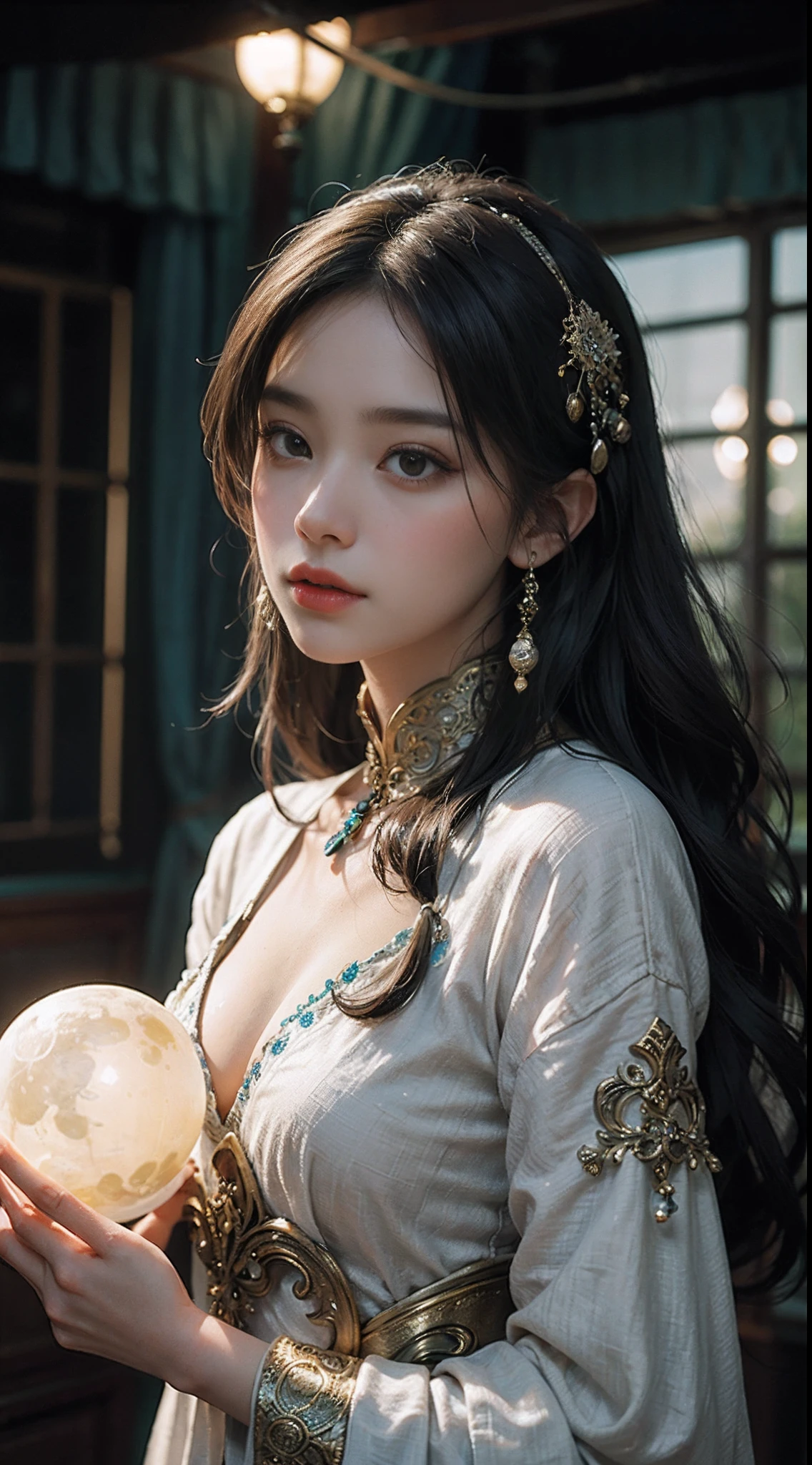 In the style of anime, A mysterious young woman,Wearing yellow and white ancient Chinese costumes,There are embroideries on the neckline and cuffs,Holding a glowing duck egg,Cast a soft glow, ethereal glow upon her flawless features,moonlit forest,Her costumes are a gorgeous blend of traditional Chinese culture and futuristic fantasy, Every detail of her face and costume is presented in extreme close-ups,The level of detail is extraordinary