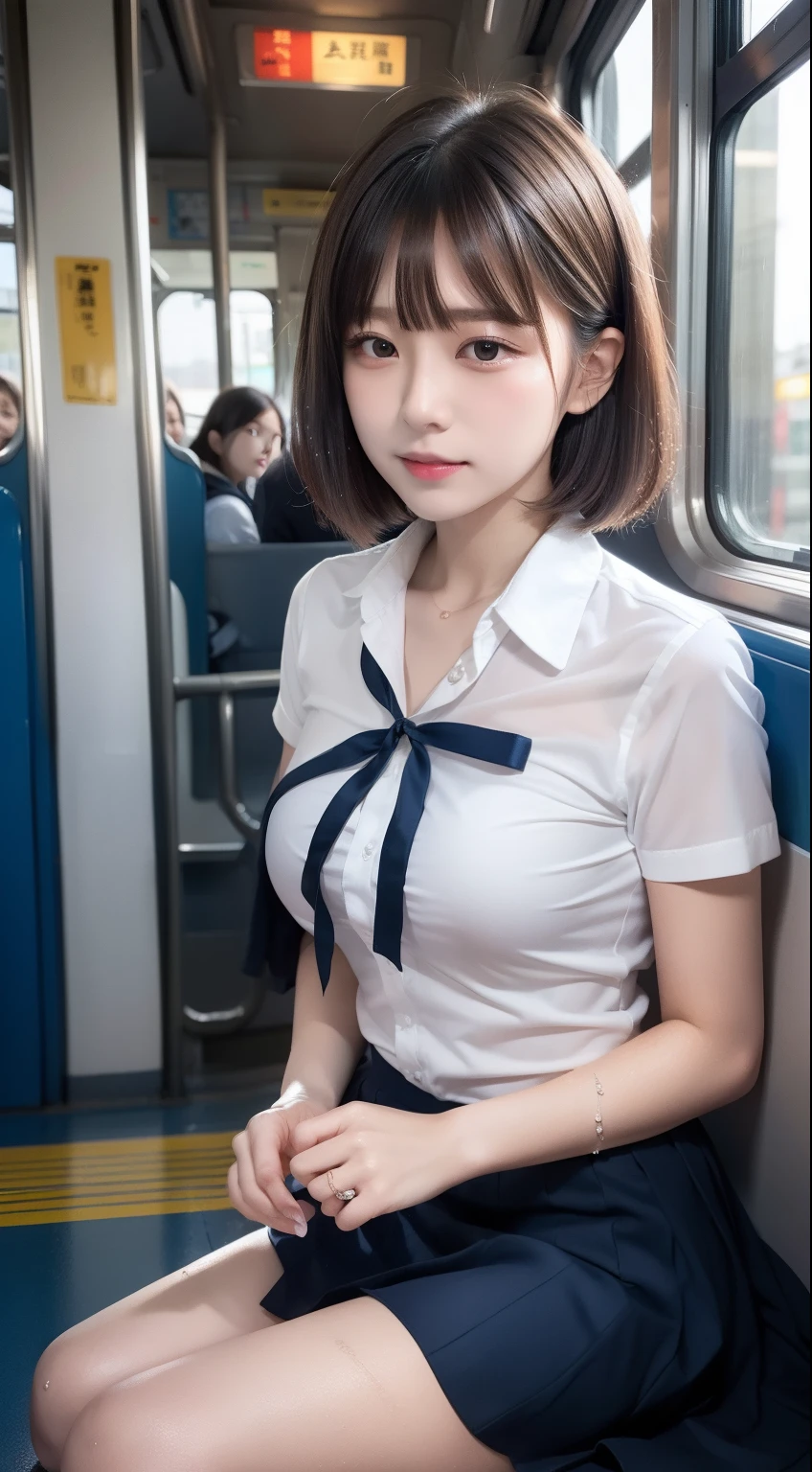 ((( very cute extreme exhibitionist high school girl wearing a short transparent shirt and bow tie on a crowded train))), (((90 year old man in tuxedo behind puts his hand on her waist))),  ((((No panties, no-bra)))), (((Huge breasts :1.1))), ((cleavage, Exposed breasts, Exposed crotch, Exposed lower abdomen, exhibitionism, exposed shaved pubic hair)), Best quality, masutepiece, hyper HD, (Photorealistic:1.4), RAW photo, (perfect body type), (Slim:1.3), Dynamic pose, (((Full-figured :0.9))), Solo, drooping chest, uniform, Have on the street, deep shading, Unobtrusive, Cold light 12000K, Beautiful detailed sky, Detailed Tokyo Street, Highly detailed face and skin texture, Detailed eyes, Realistic eyes, Beautiful detailed eyes, (Realistic skin), Attractive, 超A high resolution, ultra-realistic realism, Highly detailed, (((exhibitionism))), ((she is soaking wet)).