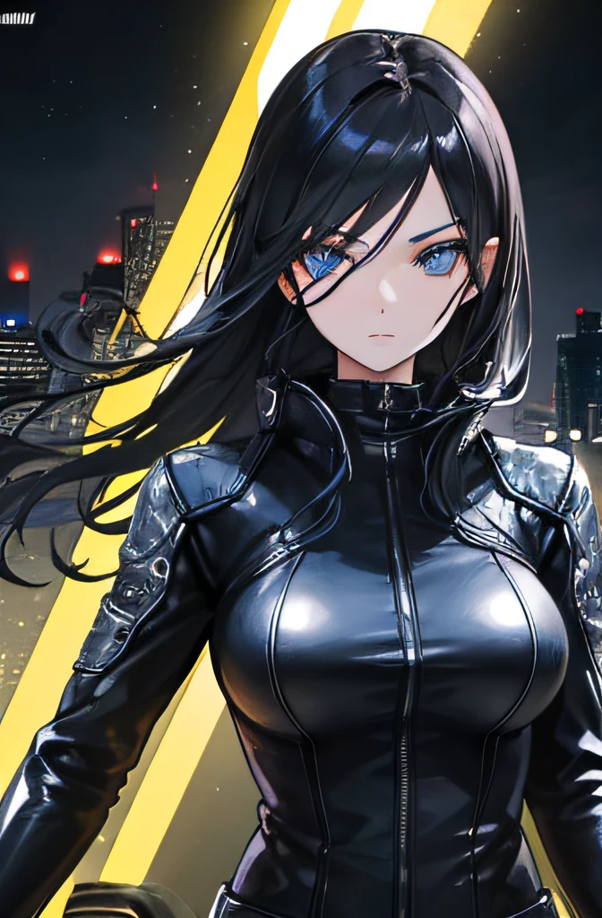 girl, black leather bike suit, beautiful, motorcycle, long black hair, (black eyeliner), city style, nighttime, motion blur, ((clear features, beautiful face, good anatomy, detailed face, detailed eyes, professionally made, cover art))