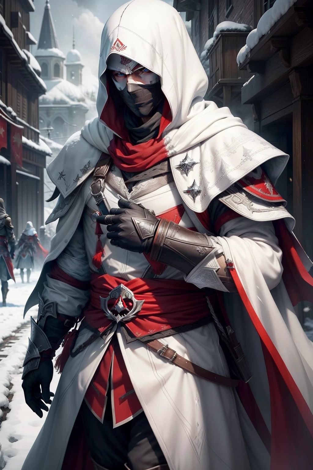 (High detail CG,The ultra-realistice,detail-rich),assassins creed,snowy day,White cloak,Full face mask,Expose your eyes,Red and blue eyes,hidden blade,Black and red magic elements are everywhere