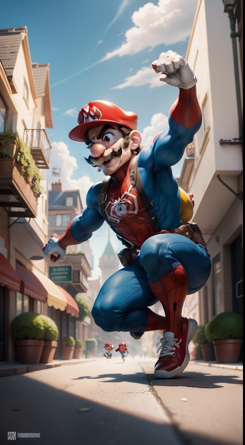 nintendo's spiderman mario is running in the street with his arms up, spiderman super mario portrait, portrait of spiderman super mario, fan artwork of spiderman mario, inspired by Mario Dubsky, portrait of spiderman mario, nintendo game art, inspired by Mario Comensoli, mario, inspired by Mario Bardi, mario dabbing, inspired by Luigi Kasimir, spiderman super mario, mushroom kingdom, official art