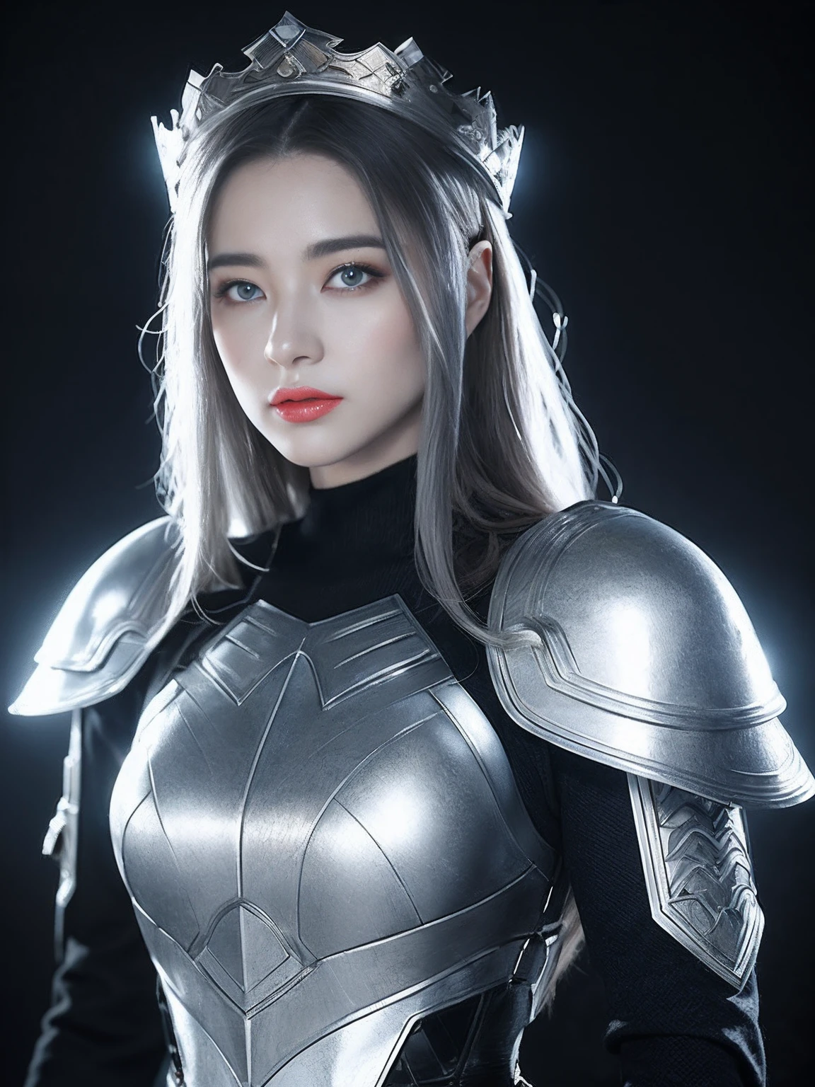 Masterpiece, Best quality, high resolution, 8K, Portrait, Realistic photo,（ Combine clothing with Korean fashion design），Digital photography, full bodyesbian, 1 -yeld gi (Cyborg), Beautiful blue-gray gradient long hair, Blue eyes, Intricate, elegant, Highly detailed, The crown of evil, Black dress, ,Silver metal exoskeleton armor, Intricate knightly hollow armor,power armour, Openwork design, mechanical structure, Photo pose, Solemn,, Red lips, From the movie《Final Fantasy XV》.Metallic texture, oc rendered，Reflective texture, ((Clothing cutting)), ((Set against the backdrop of the castle and the huge Moster))