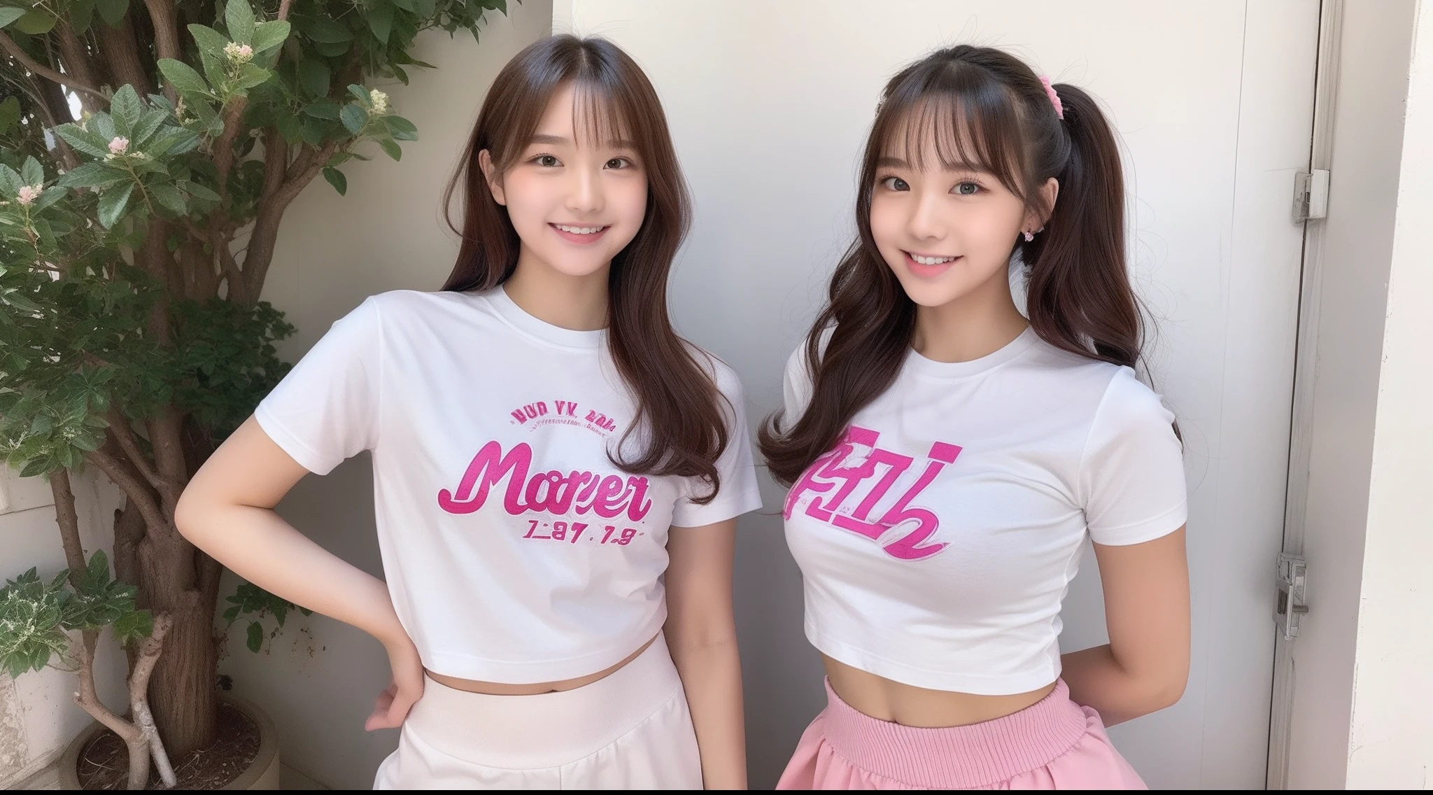 18-year-old cheergirl wearing white t-shirt and pink miniskirt