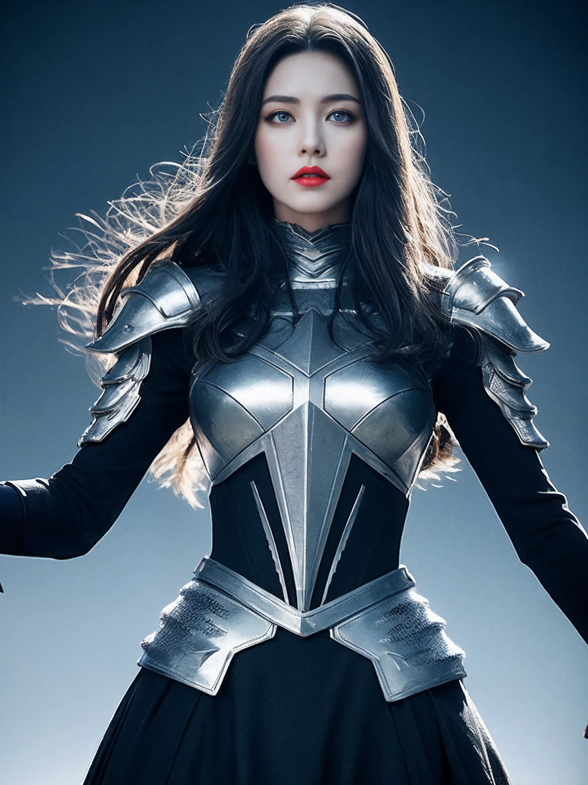 Masterpiece, Best quality, high resolution, 8K, Portrait, Realistic photo,( Combine clothing with Korean fashion design),Digital photography, full bodyesbian, 1 16-year-old girl, (Cyborg), Beautiful blue-gray gradient long hair, Blue eyes, Intricate, elegant, Highly detailed, The crown of evil, Black dress, ,Silver metal exoskeleton armor, Intricate knightly hollow armor,power armour, Openwork design, mechanical structure, Photo pose, Solemn,, Red lips, From the movie《Final Fantasy XV》.Metallic texture, oc rendered,Reflective texture, ((Clothing cutting)), ((Set against the backdrop of the castle and the huge Moster))
