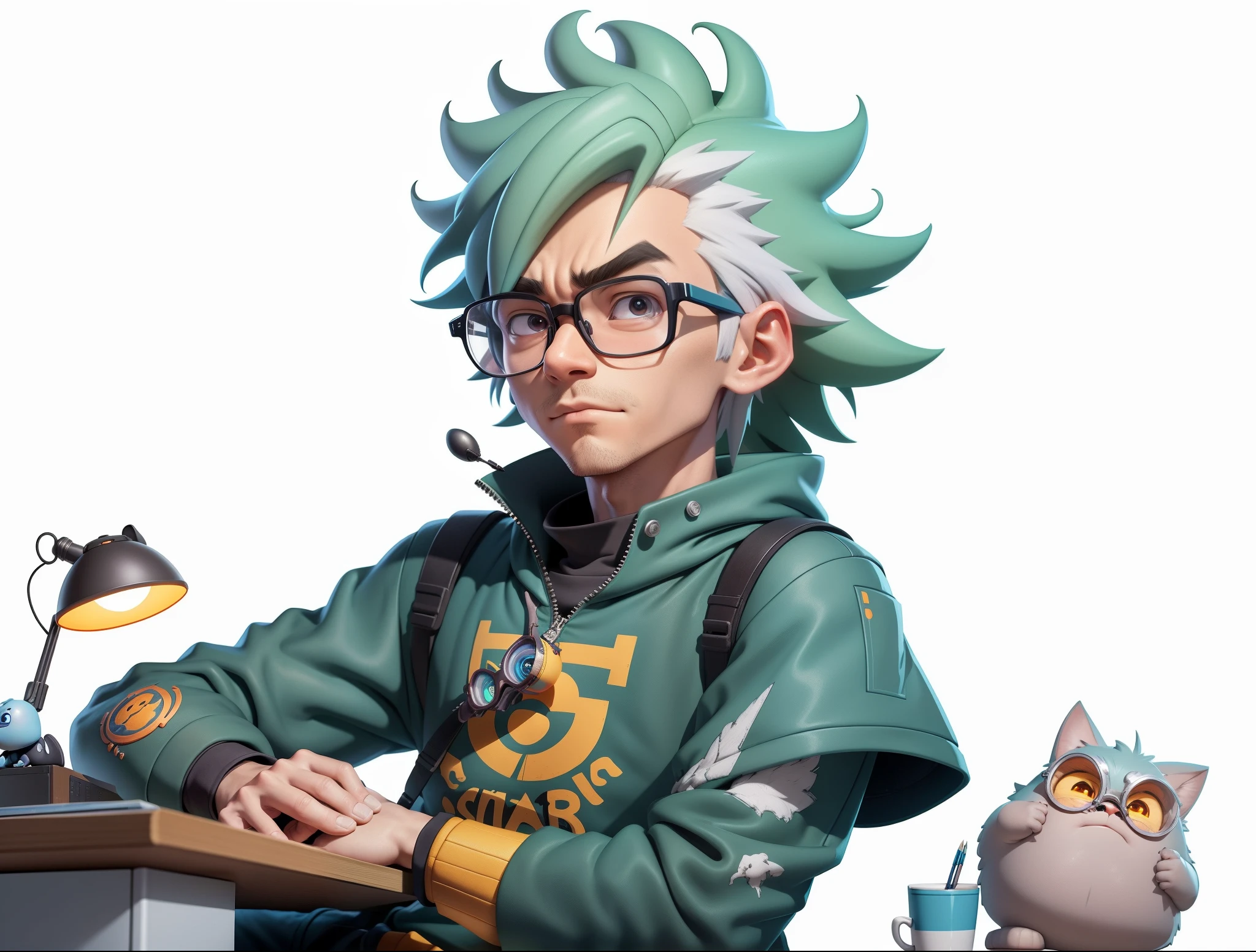 A young man with glasses sits at his desk，holding laptop，digitial painting，3D character design by Mark Clairen and Pixar and Hayao Miyazaki and Akira Toriyama，4K HD illustration，Very detailed facial features and cartoon-style visuals。