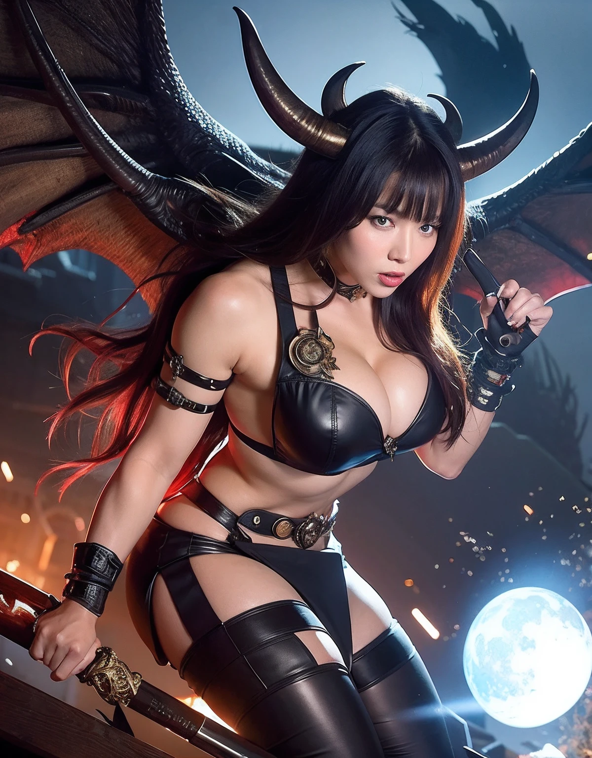 Professional , ​masterpiece、top-quality、photos realistic , depth of fields 、Idle Smile、maikurobikini、（Micro Bikini Armor)、Mystical expression、（cleavage of the breast）、Jewel Gold Weapon、Particles of light),Huge arsenal of gorgeous gold ,（（ Dragon Protector （realisticlying：1.4），）） , （demonic wings）   ,warhammer 40k 、（（A dark-haired））、（demonic wings）、20 years girl、（（Gangle's forest background））、Beautiful Caucasian beauty、１a person、dynamic ungle,(((Two devil's horns on the head)))、Smaller head、Idle Smile、Thin and beautiful female hands、cleavage of the breast、Mystical expression、Light Effects、intense fighting、Wind-effect、magic circles、Dragon's tail、knee、Toostock、red tattoo、Anatomically correct body、