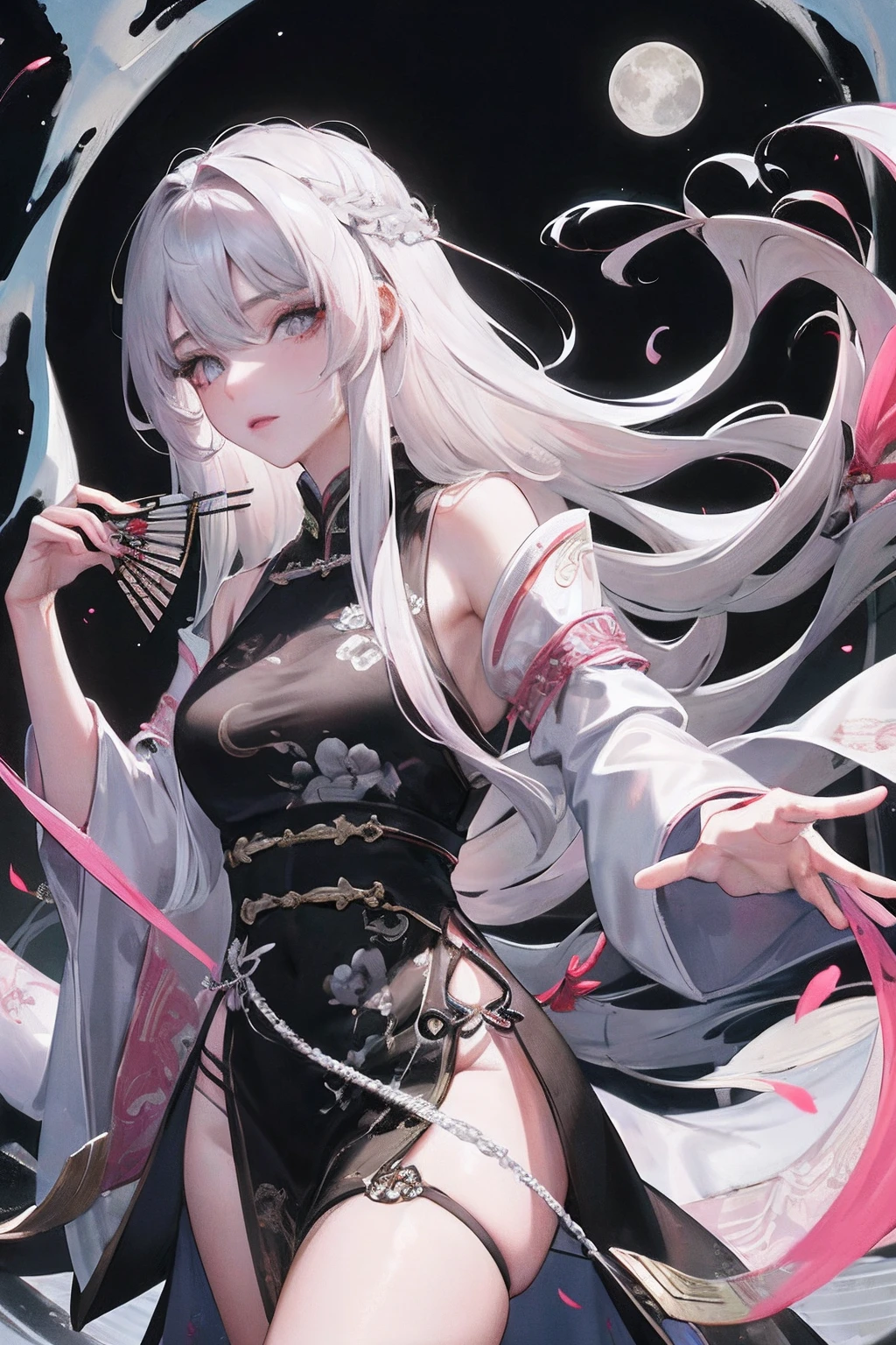 8K, Masterpiece, Best quality, Night, full moon, 1 girl, Chinese style, Chinese architecture, Mature woman, sister, Silver white long haired woman, Long hair, Light pink lips, calm, logical, bangs, Gray pupils, assassins, Fan, Knife fan, petal dancing, Delicate face,