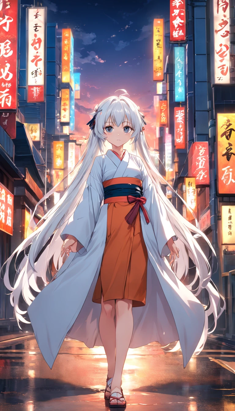 highways，Look up，Long white hair，full bodyesbian, Electrical properties，long  skirt，Staff，Kimono is prohibited，