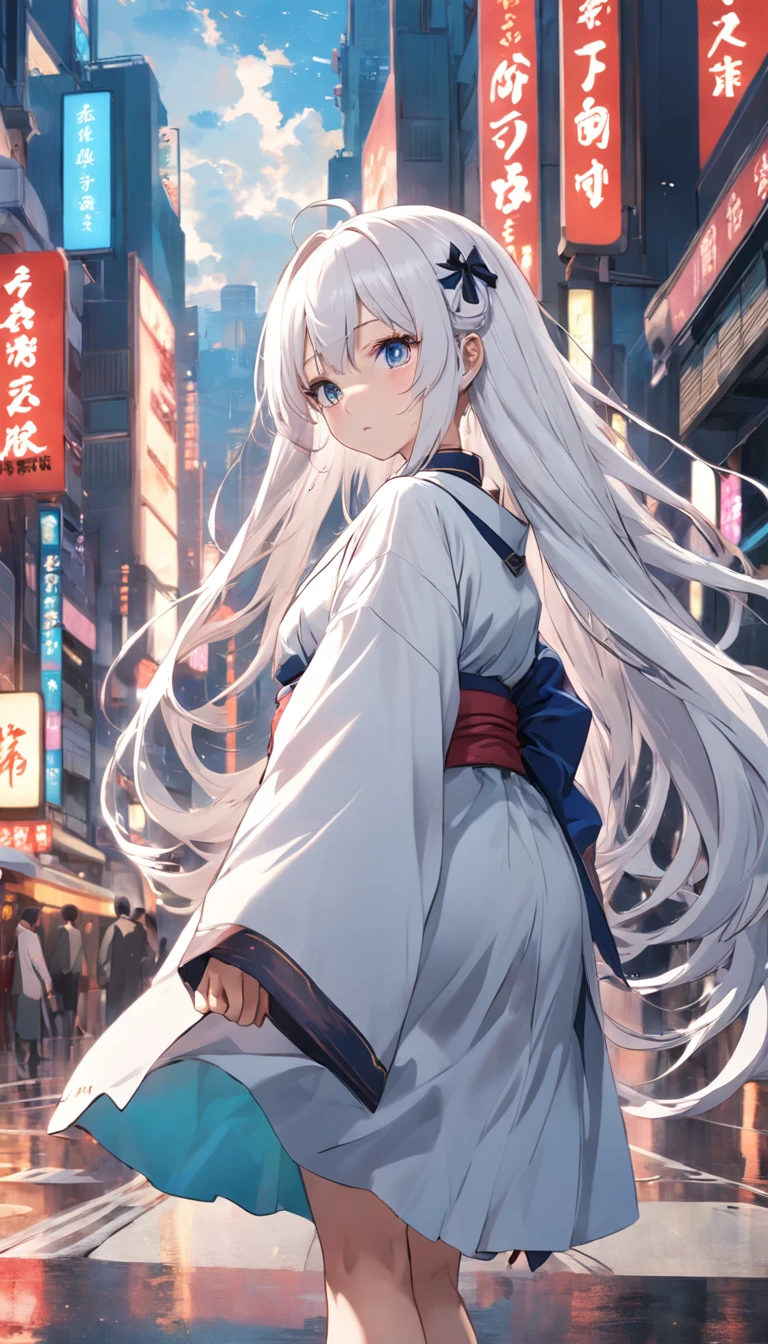 highways，Look up，Long white hair，full bodyesbian, Electrical properties，long  skirt，Staff，Kimono is prohibited，