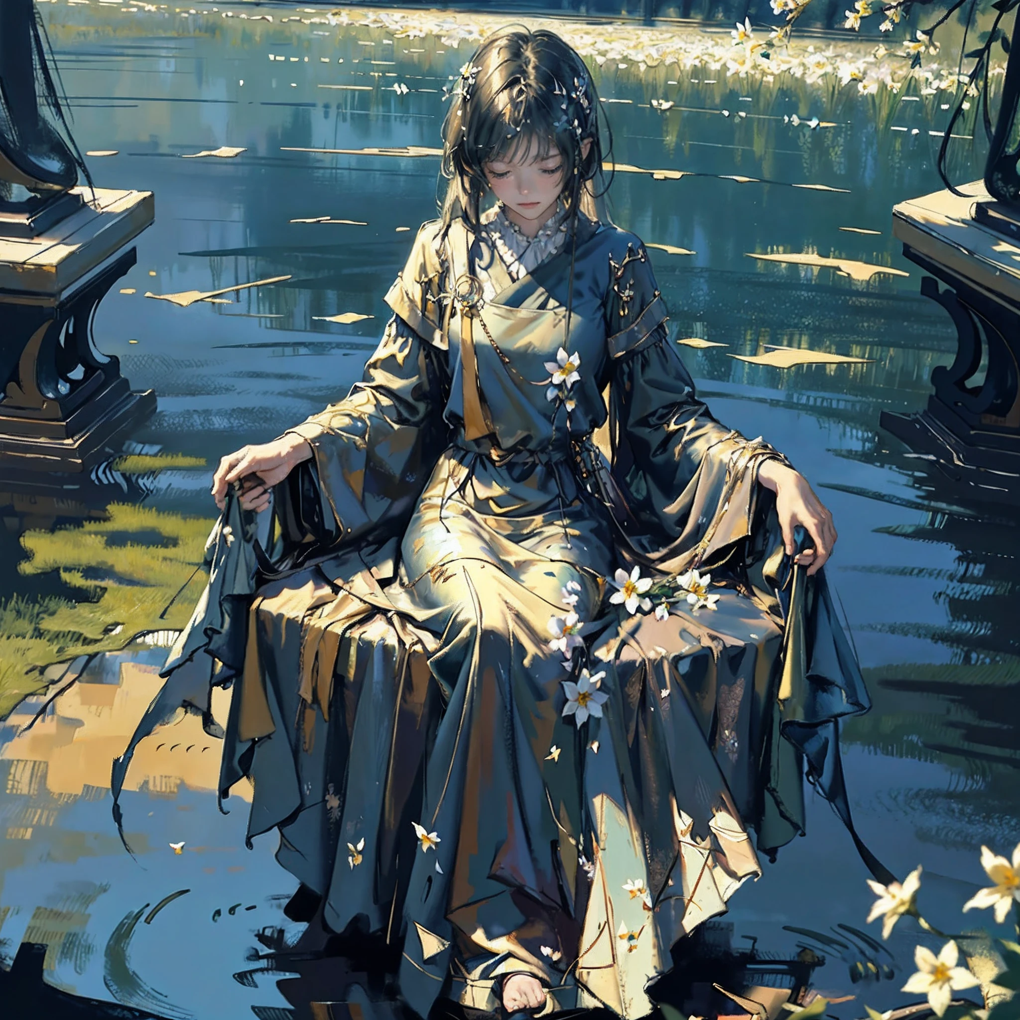 Oil painting style,Oil painting style,Oil painting style,Oil painting style, oilpaint,oilpaint,oilpaint,Acrycle painting. 1male. ((best quality)), ((masterpiece)), ((realistic)), A man sitting in a peaceful garden, deep in contemplation, (impressionistic art style:1.1), serene surroundings, blooming flowers, (tranquil atmosphere:1.3), (thoughtful expression:1.2), (subtle use of colors:1.1), (introspective mood:1.1), 8k resolution