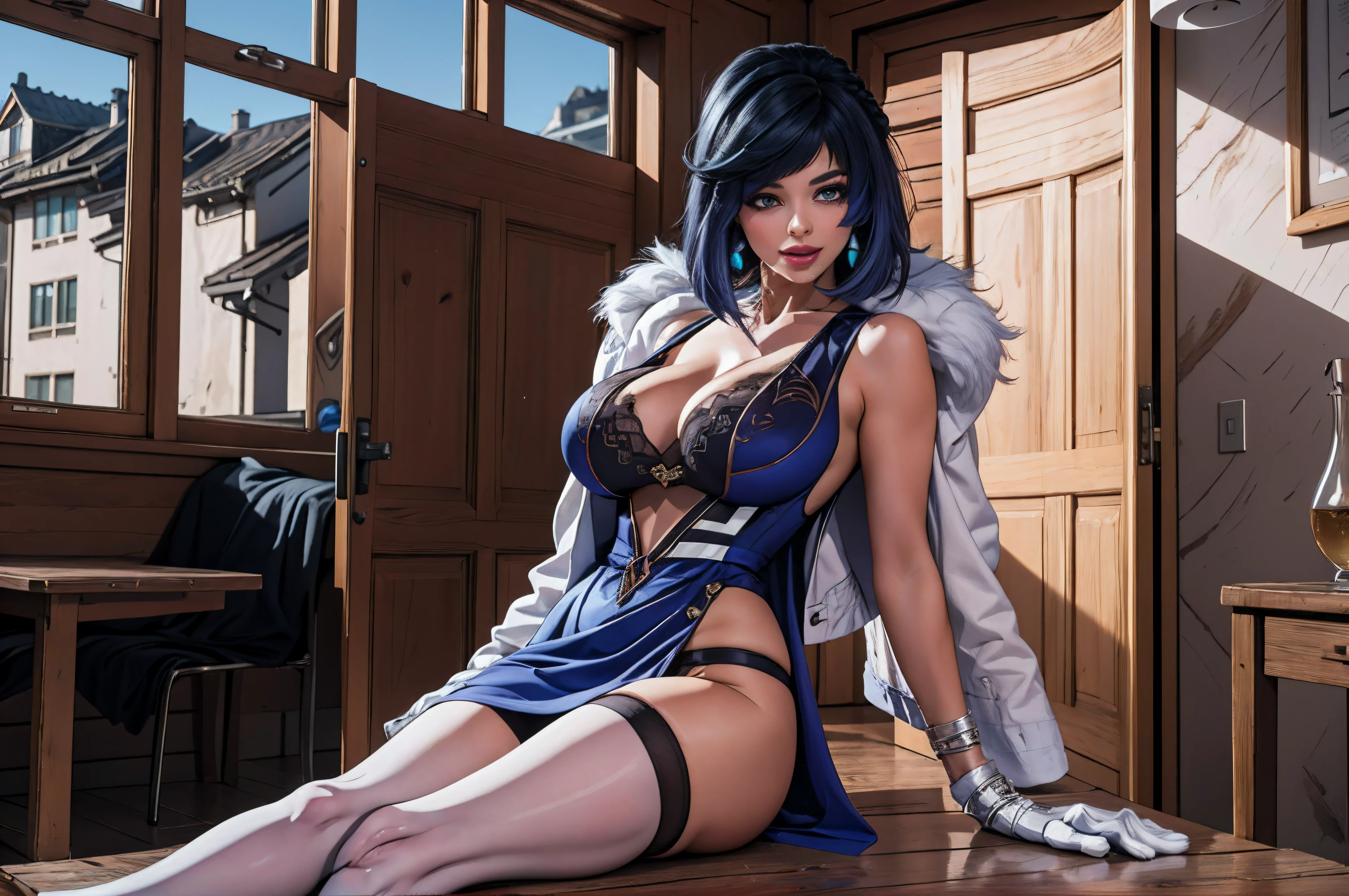 (8k, RAW Photo, Best Quality, Masterpiece:1.2), Ultra Detail, Super Resolution, (Realistic, Realistic Photo:1.37), Portrait, High Detail RAW Color Photo, Professional Photo, Extremely Detailed and Beautiful, Extremely detailed, 8k wallpaper, amazing and detailed, huge file size, official art, highly detailed CG unity 8k wallpaper, highly detailed beautiful girl, highly detailed face, highly detailed eyes, highly detailed skin, highly detailed fingers, highly detailed nose, very detailed detailed mouth , perfect anatomy, highly detailed background, highly detailed clothesndoors,1girl, yelan (genshin impact), solo, breasts, green eyes, sitting, cup, short hair, gloves, high heels, looking at viewer, bangs, bare shoulders, jewelry, white jacket, blue hair, white gloves, chair, thighhighs, blue dress, holding, fur trim, dress, bob cut, dice, jacket, earrings, jacket on shoulders, holding cup, full body, indoors, sleeveless, multicolored hair, mole on breast, cleavage, diagonal bangs, smile, white background, medium breasts, black thighhighs, fur-trimmed jacket, drinking glass, table, thighs, mole, parted lips, white coat,