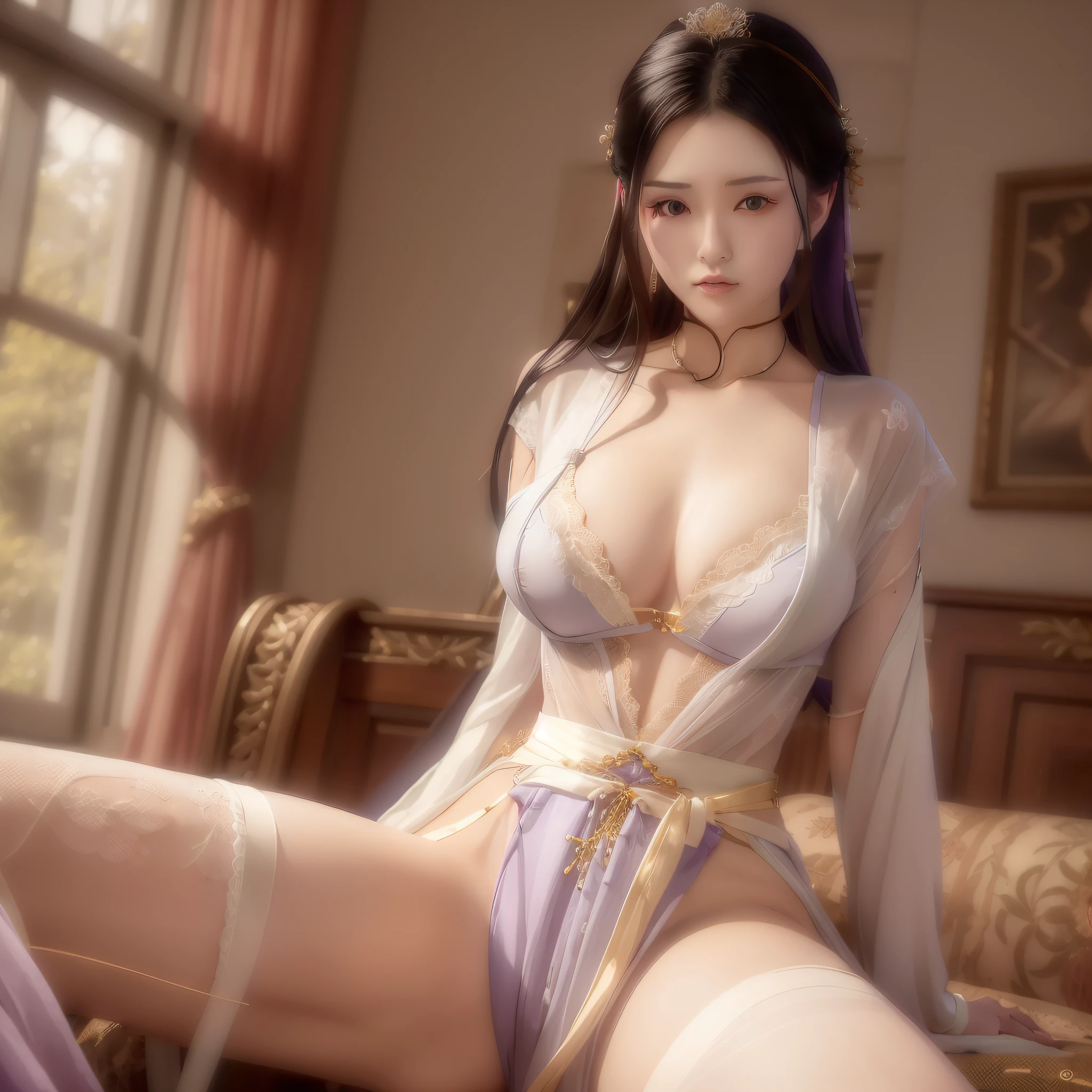 A beautiful maiden sitting on a sofa in the living room touching her own breasts and both lags open facing viewer, tall and slim, lace purple slip bellyband wraps tightly around the thin waist and buttocks, More curved, Pure and beautiful, Adulteresses, lustful, The white and tender tits are changing various shapes in her hands, massive long saggy hanging down teardrop breasts