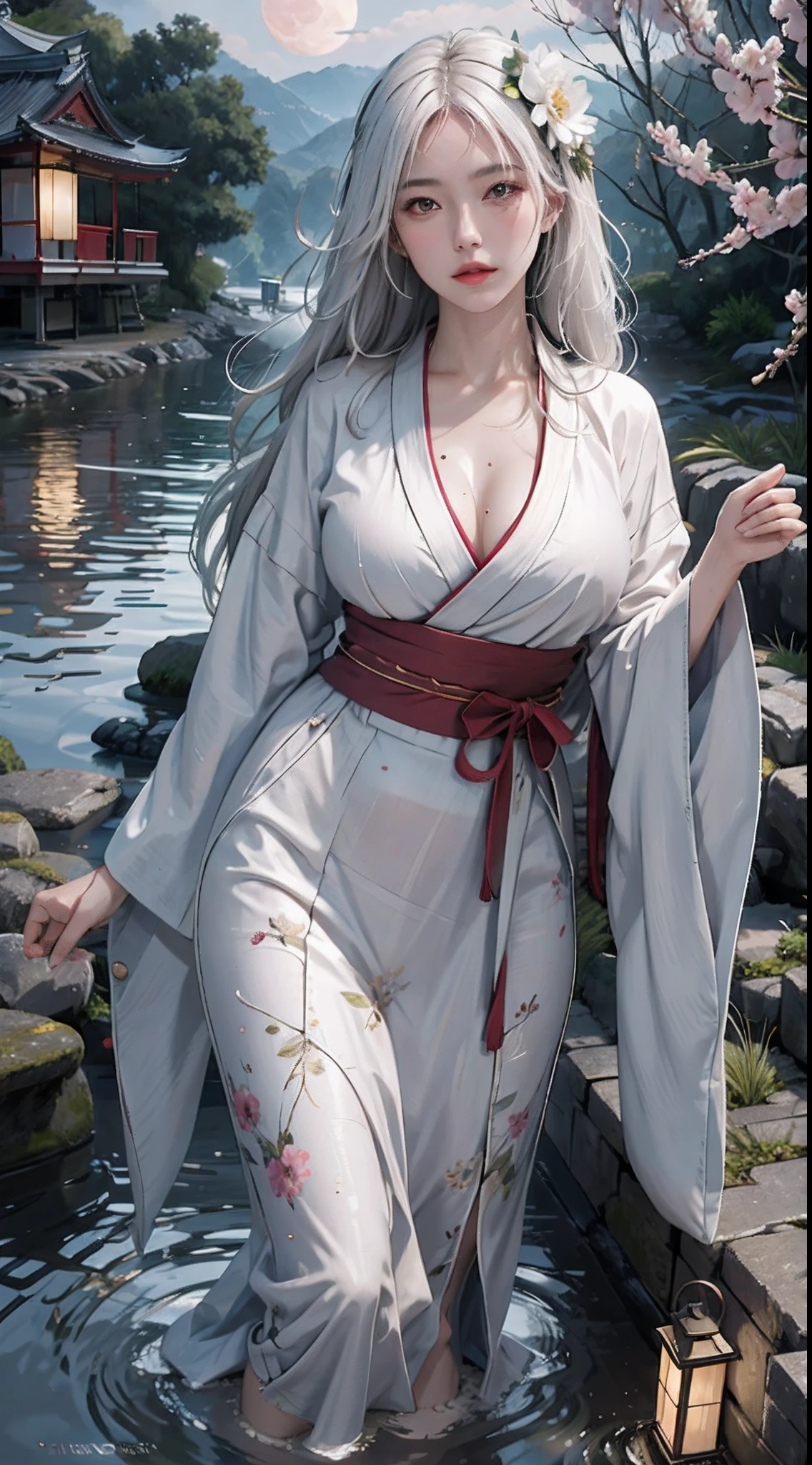 photorealistic, high resolution, soft lights, 1women, solo, hips up, shining skin, (detailed face), white hair, moon, lantern, night, solo, large breasts, hair ornament, wet, kimono, short yukata, japanese clothes, wading, water, hair flower, flower, outdoors, sky, full moon, rain, short yukata