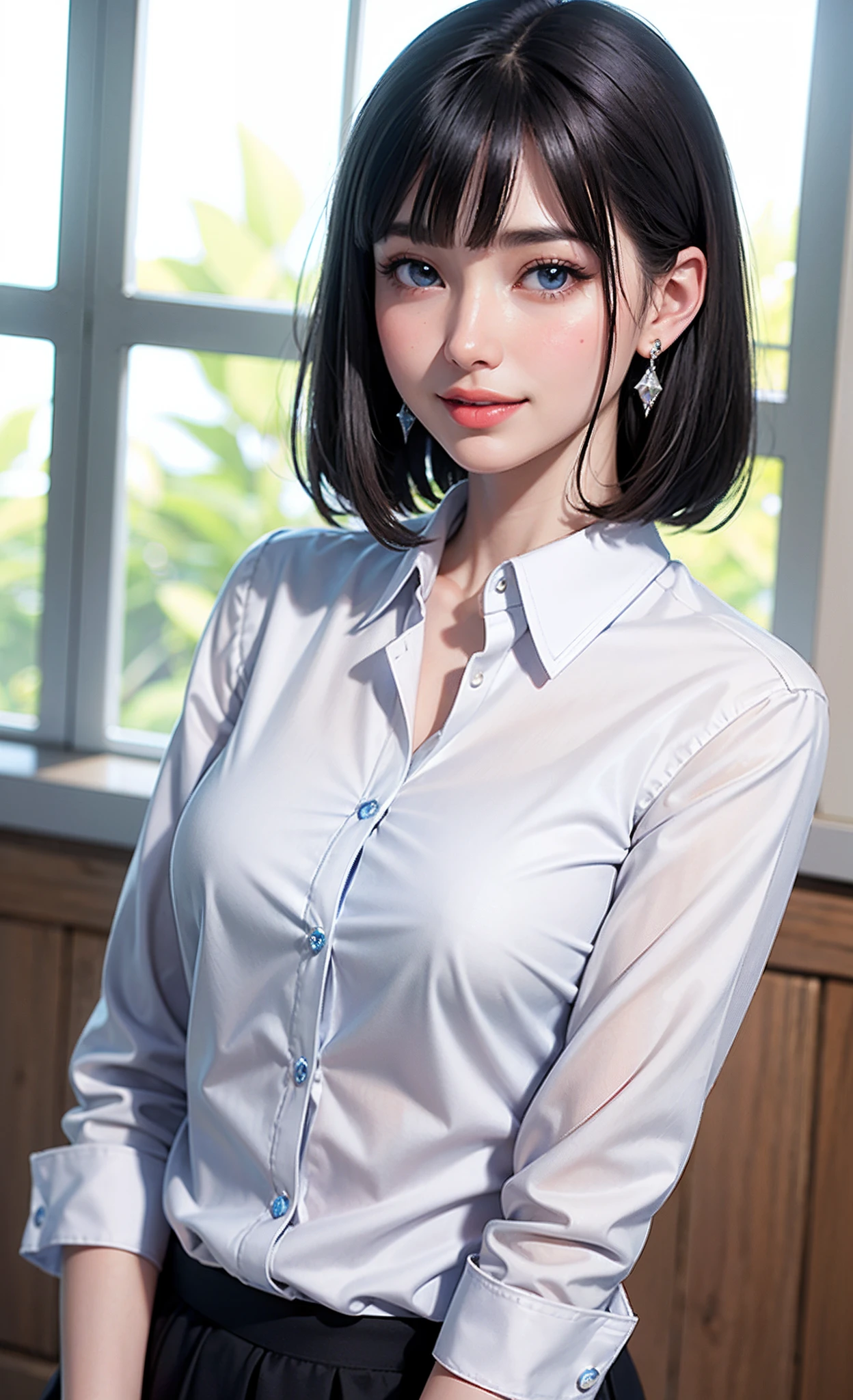 (high-level image quality、high-detail、hightquality、hight resolution、Draw everything in high resolution)、Intense crystal light blue eyes、Very small diamond-shaped earrings、Gaze firmly into the camera、Put your ears out、Light in the eyes、Beautiful very short black hair、Beautiful very short beautiful hair with bangs、Straight Beauty Bangs、beautiful decollete、Beautiful 28 years old、lipgloss、long neck、Happy smile、Beautiful teeth alignment、Beautie、Pretty Woman、Very white business shirt with open collar、Very white business shirt with open chest、lengthen the left and right ends of the bangs、Beautiful composition、Roll up the sleeves of a long-sleeved business shirt:1.4、beautiful supermodel、Lower body only