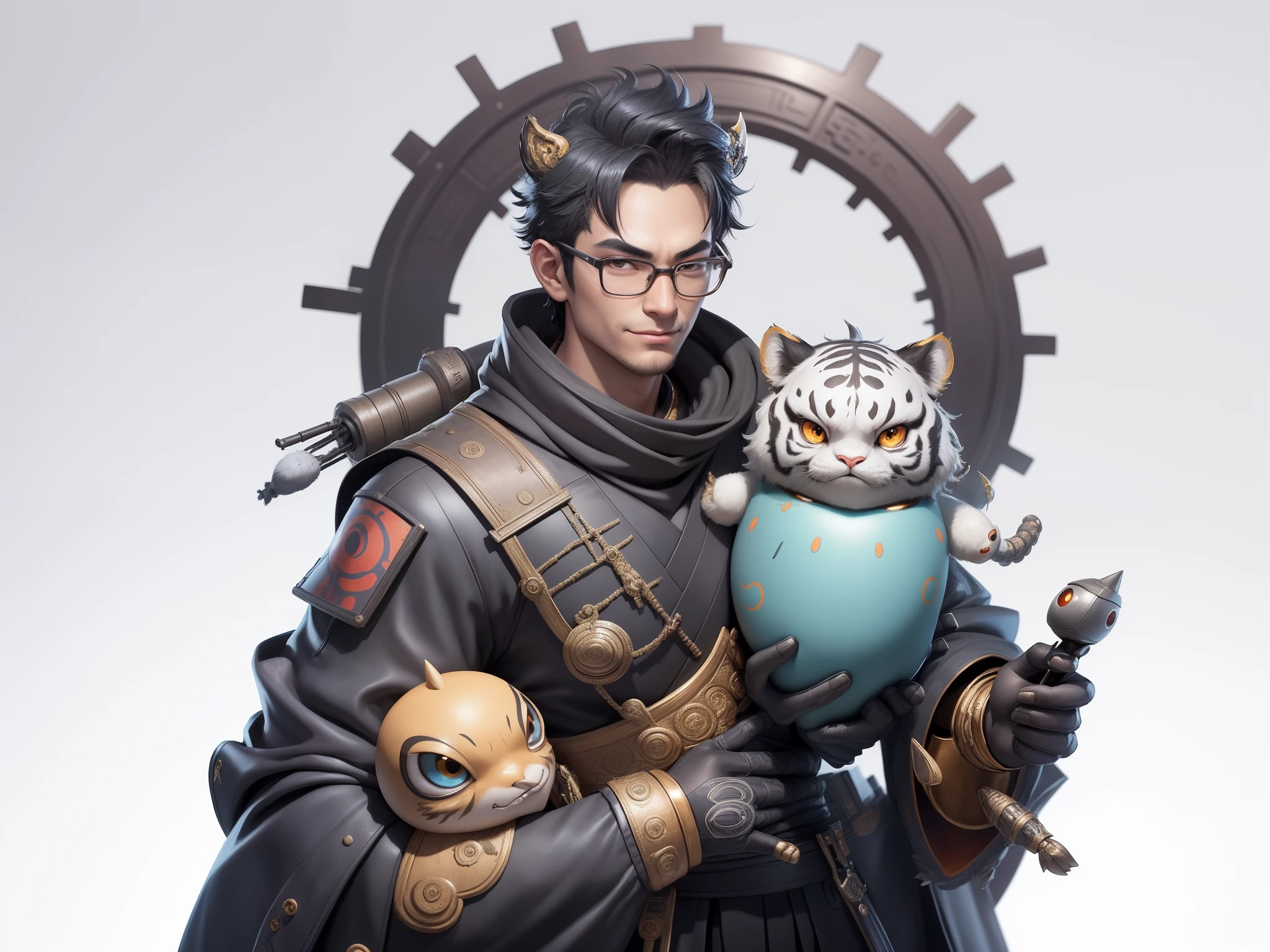 (Masterpiece), (Excellent), (Super Meticulous), (Full Body: 1.2), Super Young Man with Japanese Female Geisha, Pretty, Beautiful, Chinese Dragon, Tiger, Wind God Thor, Sexy, Bursting, Oriental Face, TV Anchor, Bust Portrait Illustration, Black Suit, Blue Tie, Slightly Chubby Face, Silver Glasses, Very Clean Face, No Beard on Chin, Black Super Short Hair, Black Eyes, Confident Smile, 3c Computer Sub-Products, iPad, iPhone, Digital Painting, 3D character design by Mark Clairedon and Pixar and Hayao Miyazaki and Akira Toriyama, the illustrations are HD illustrations in 4K resolution with highly detailed facial features and cartoon-style visuals.