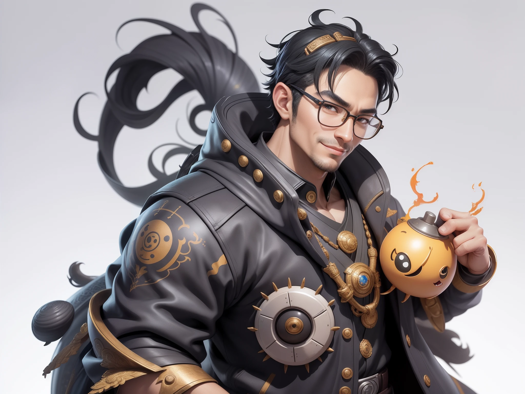 (Masterpiece), (Excellent), (Super Meticulous), (Full Body: 1.2), Super Young Man with Japanese Female Geisha, Pretty, Beautiful, Chinese Dragon, Tiger, Wind God Thor, Sexy, Bursting, Oriental Face, TV Anchor, Bust Portrait Illustration, Black Suit, Blue Tie, Slightly Chubby Face, Silver Glasses, Very Clean Face, No Beard on Chin, Black Super Short Hair, Black Eyes, Confident Smile, 3c Computer Sub-Products, iPad, iPhone, Digital Painting, 3D character design by Mark Clairedon and Pixar and Hayao Miyazaki and Akira Toriyama, the illustrations are HD illustrations in 4K resolution with highly detailed facial features and cartoon-style visuals.