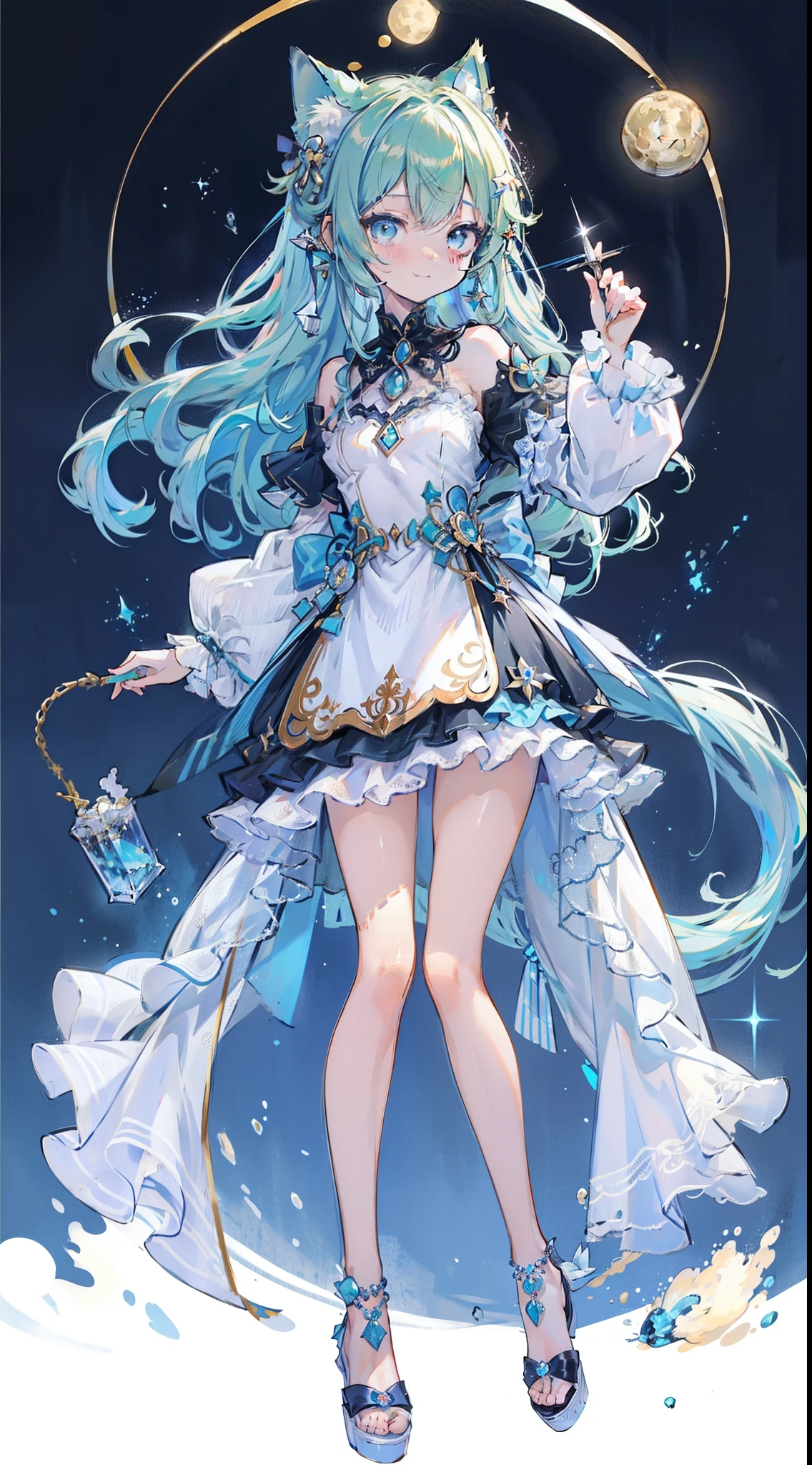 ((masutepiece, Best Quality:1.1))、8K、(Full body standing pose)、Beautiful girl with green hair，Curly，disheveled hair，Cat's ears, white dres，A deep blue gemstone is set on the chest.......，bare-legged，Wear a blue ankle ring on your ankle，(Holds the azure jewelry wand perfectly)，Behind him are stars in the night sky with shooting stars flowing，The moon is in the sky、With a smile
