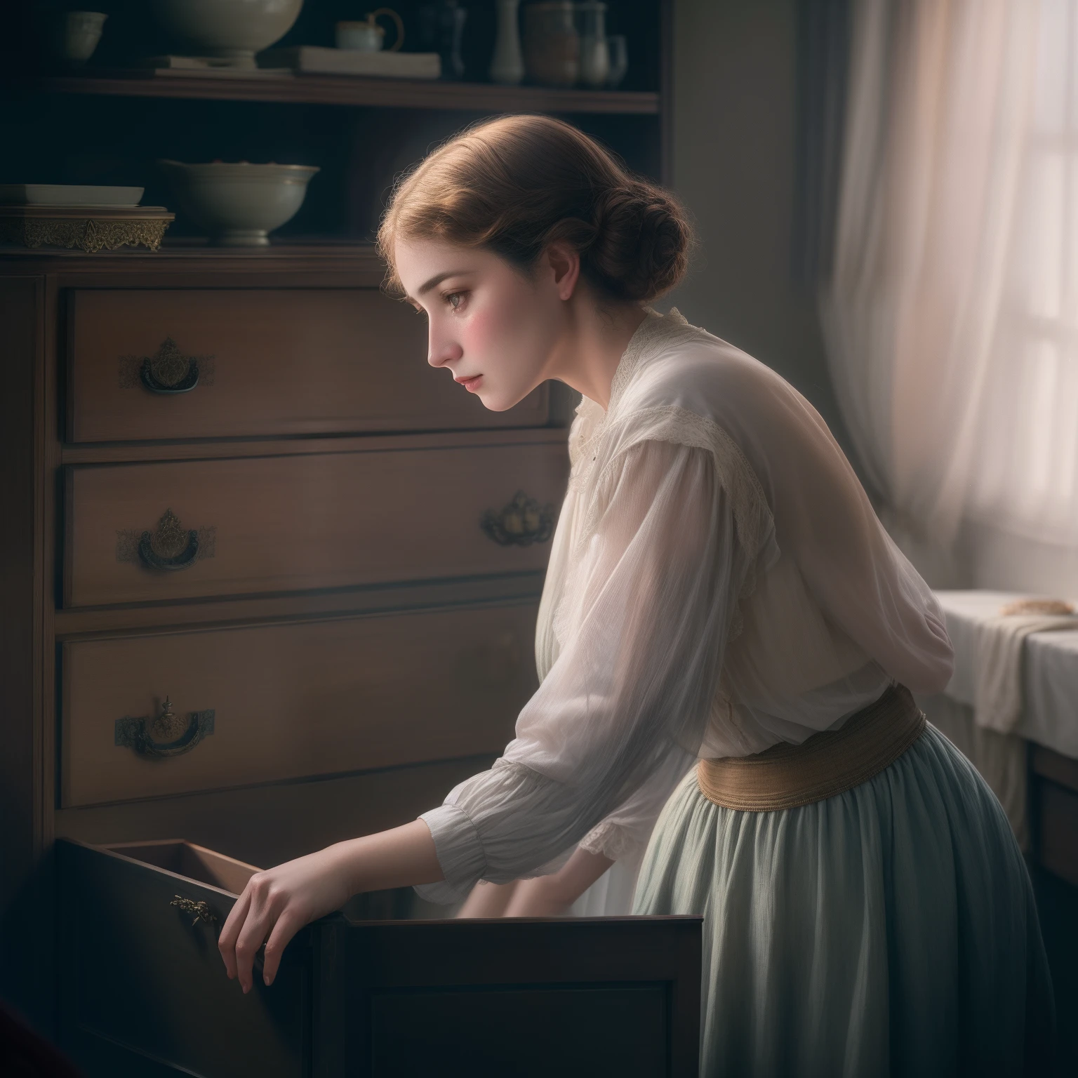 Em 1900, There's a worried middle-aged woman opening a drawer, inspirado em Albert Edelfelt, inspirado em Anka Zhuravleva, inspirado em Delphin Enjolras, fotografia editorial, inspirado em Henryk Siemiradzki, atmospheric portrait, banhado em luz, Directed by: Antoni Brodowski, luz suave do lado, retrato luz suave, foto realista de 1900, nineteenth century
