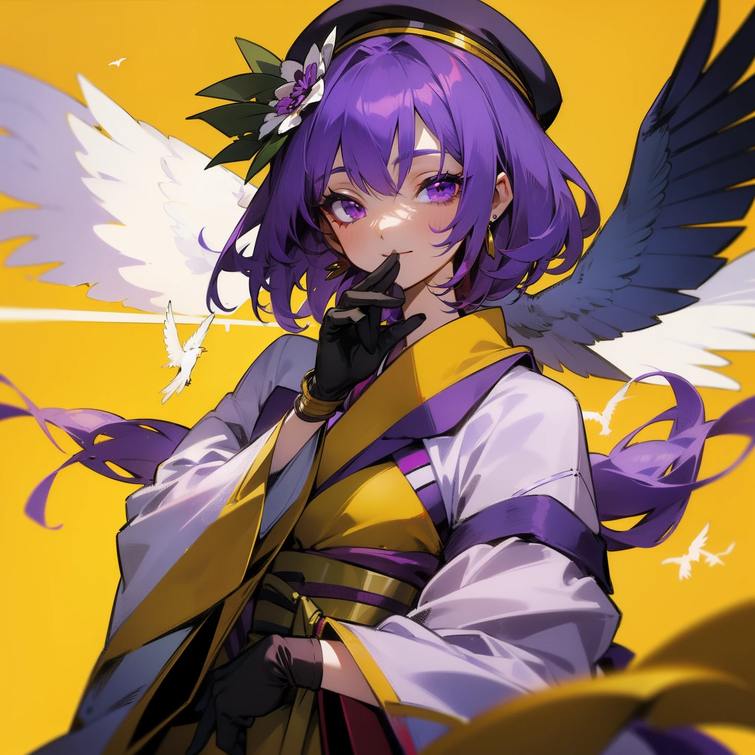 Man and bird in geisha costume isolated on yellow background, One girl, rumia, hat, gloves, Komono, Solo, Red Bell、Purple hair, earrings, Jewelry, Bird, Kimono, Long hair, Black Gloves, beret, Smile, Obi, Obi, Stripes, Looking at Viewer, make - up, Bangs, Purple Eyes, hat flower