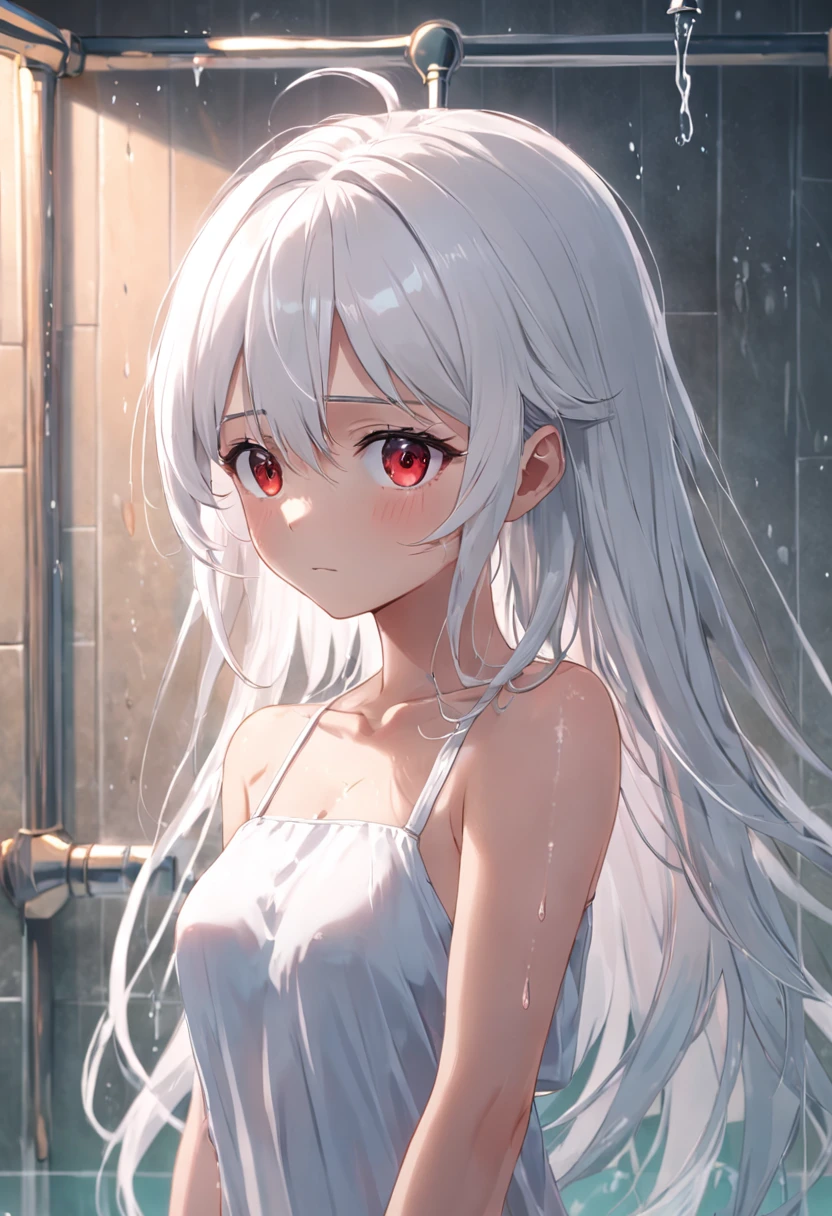 Cute loli，white color hair，nakeness，Take a shower in the bathroom，head looking up，is shy，Be red in the face，Wet all over