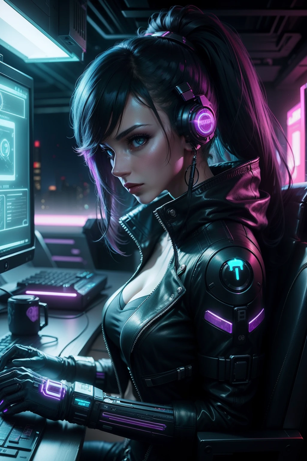 night，cyber punk perssonage，woman，play computer，